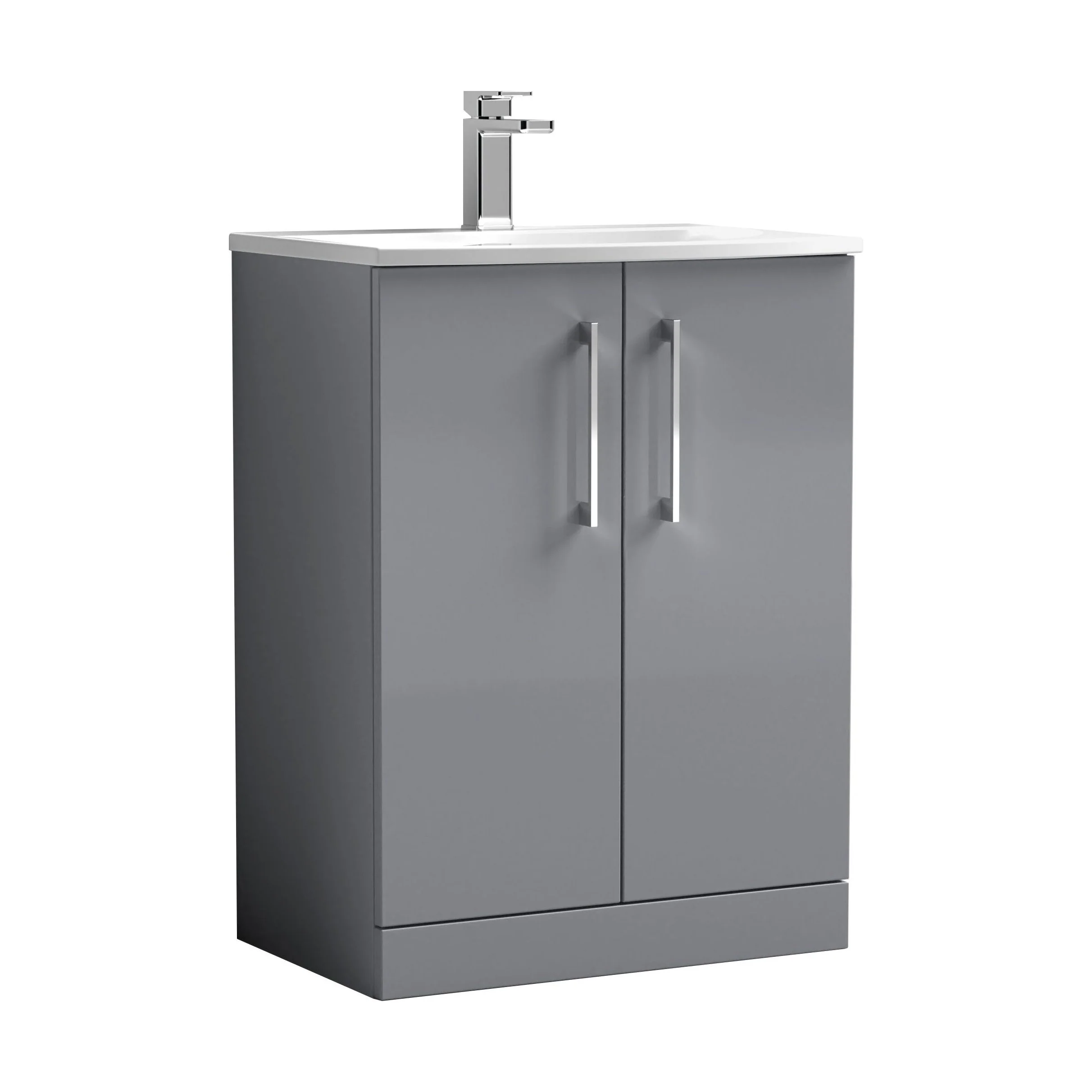 Balterley Modern Bathroom Floor Standing 2 Soft Close Door Vanity Unit & Curved Basin, Satin Grey, 600mm