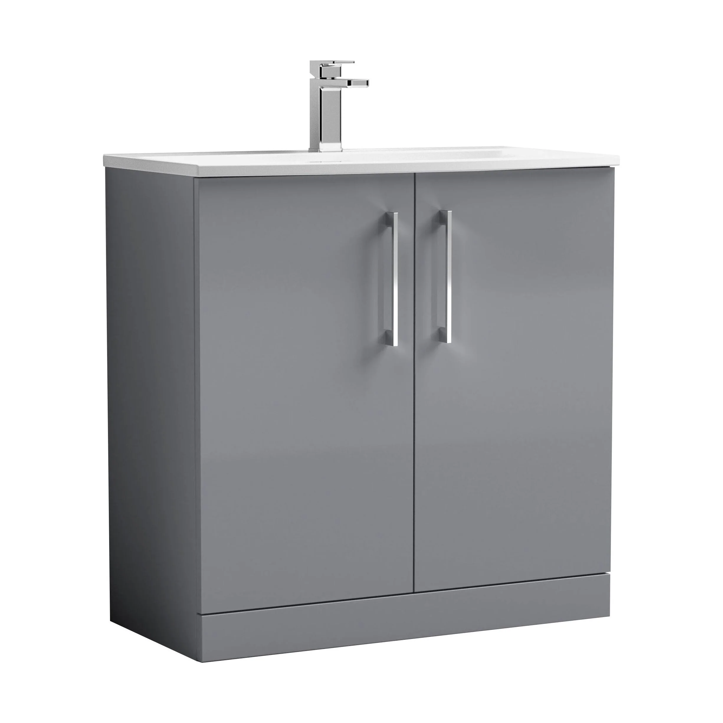 Balterley  Modern Bathroom Floor Standing 2 Soft Close Door Vanity Unit & Curved Basin, Satin Grey, 800mm