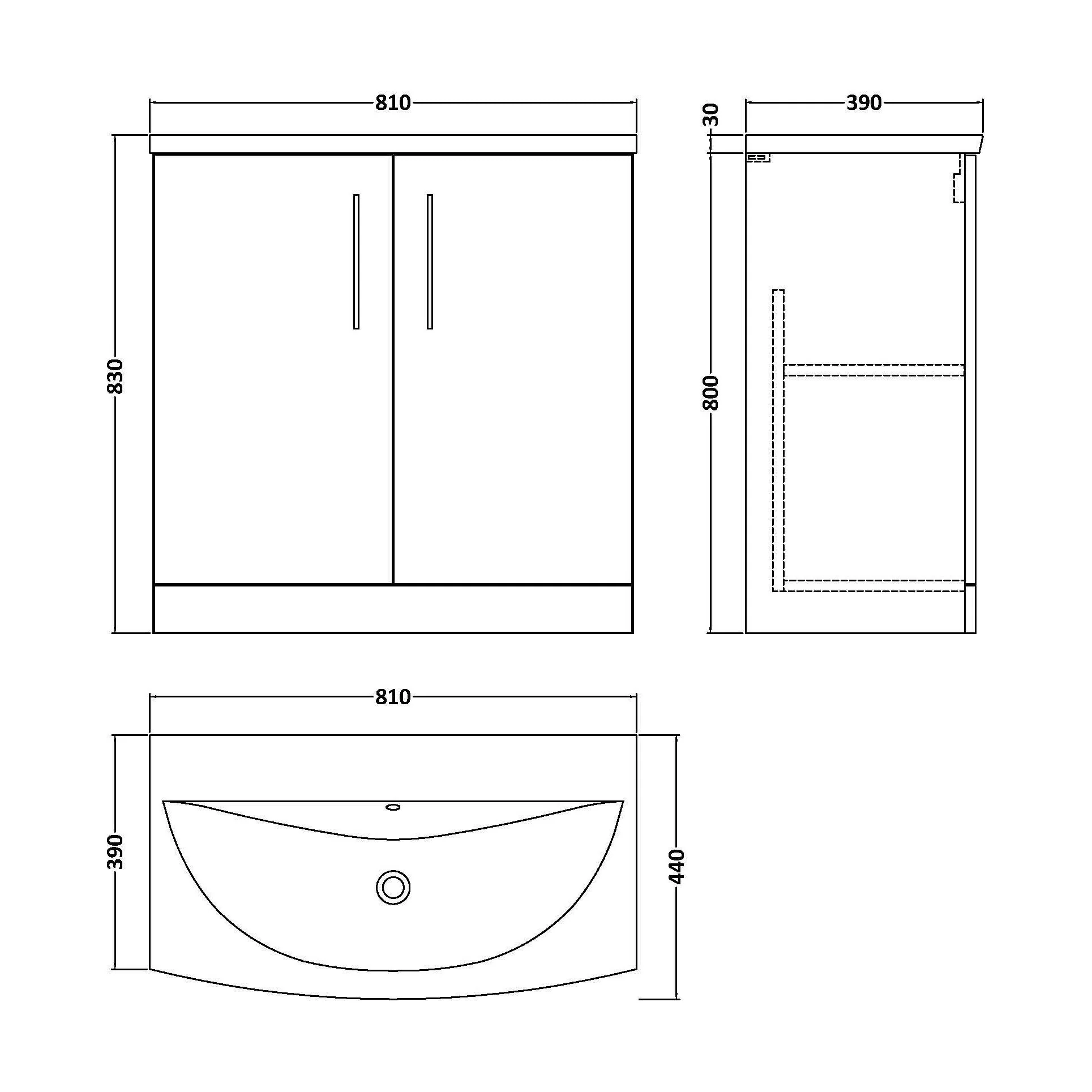 Balterley  Modern Bathroom Floor Standing 2 Soft Close Door Vanity Unit & Curved Basin, Satin Grey, 800mm - Image 2