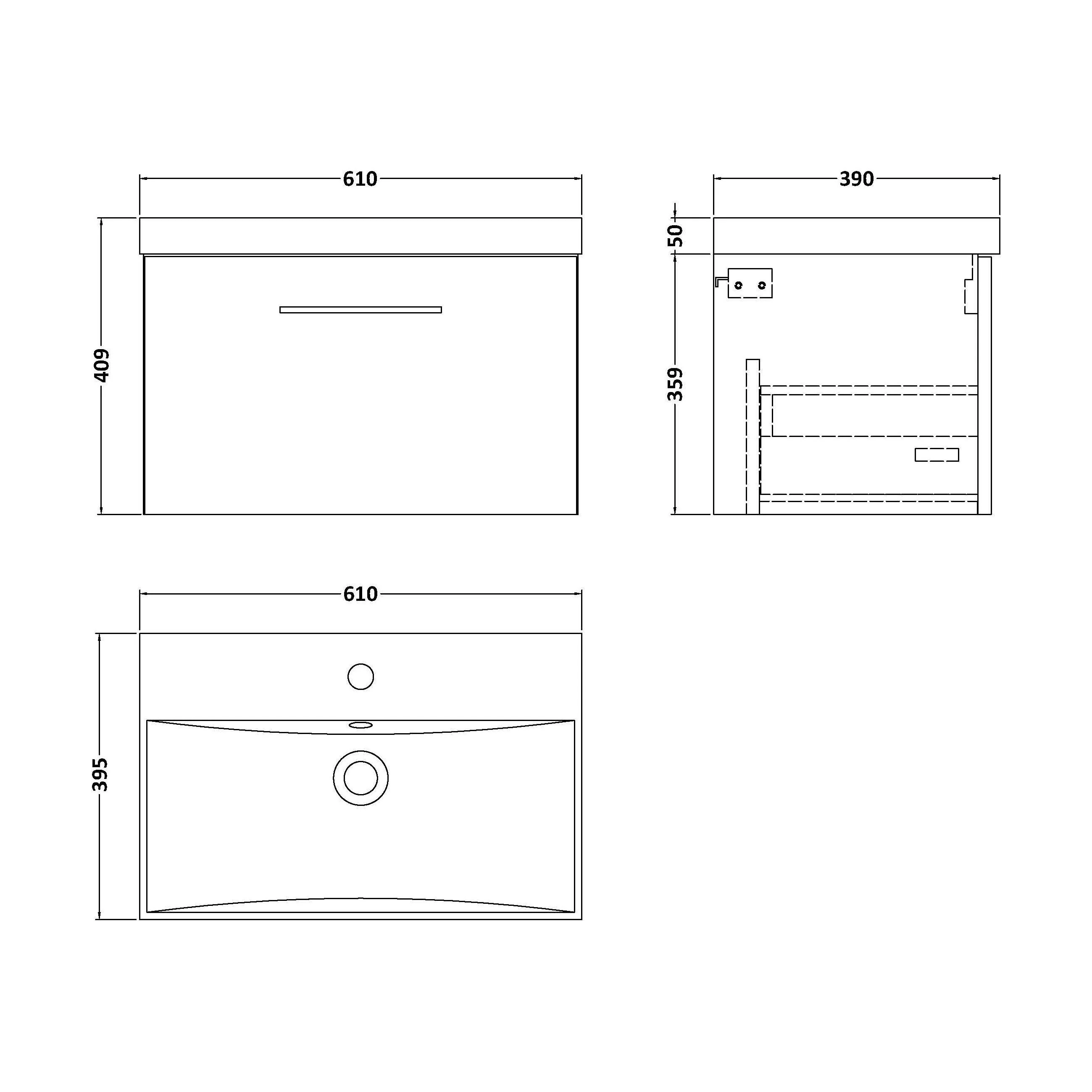 Balterley Contemporary Bathroom 1 Soft Close Drawer & Thin-Edge Wall Hung Vanity Unit Basin, Satin Grey, 600mm - Image 2