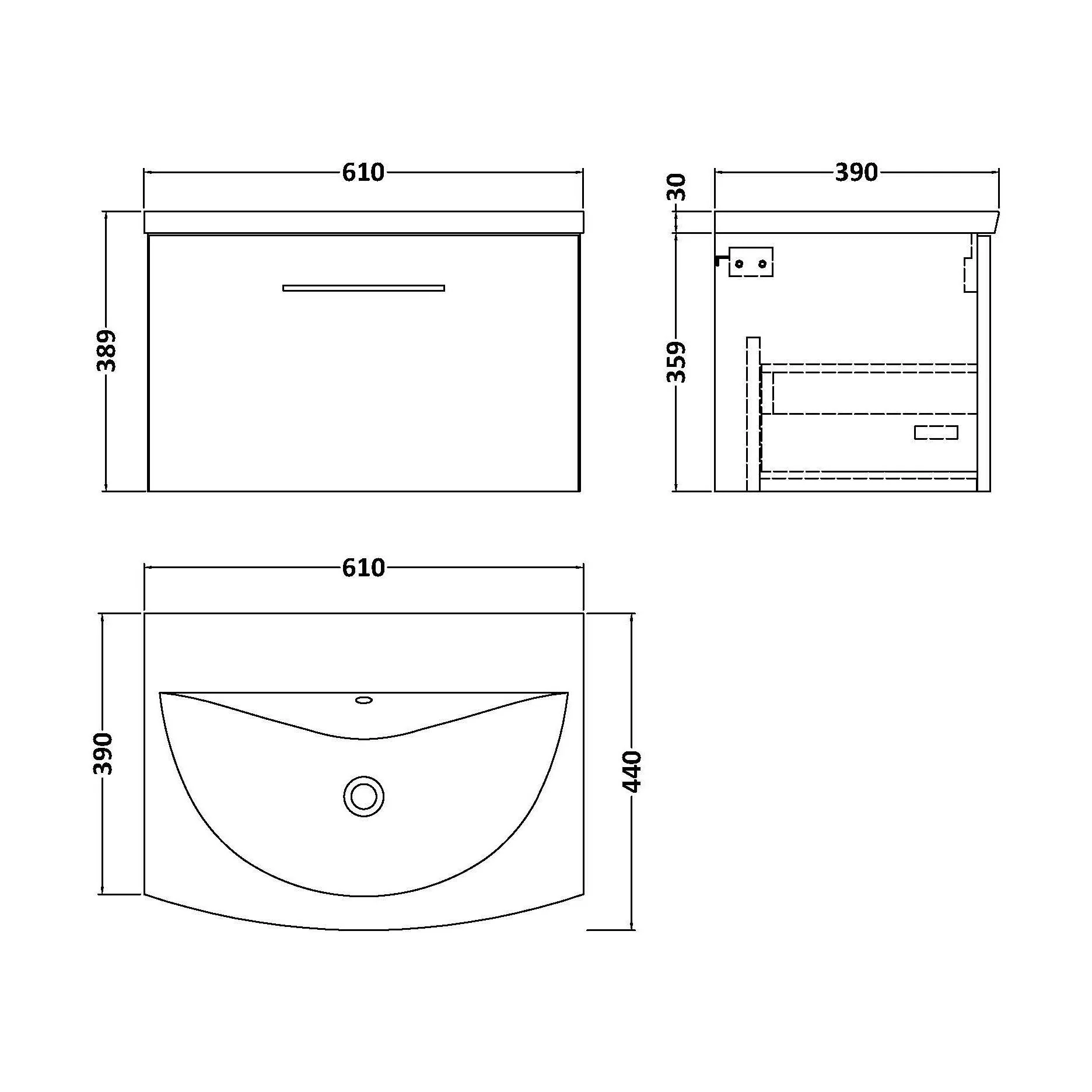 Balterley  Modern Bathroom Wall Hung 1 Soft Close Drawer Vanity Unit & Curved Basin, Satin Grey, 600mm - Image 2
