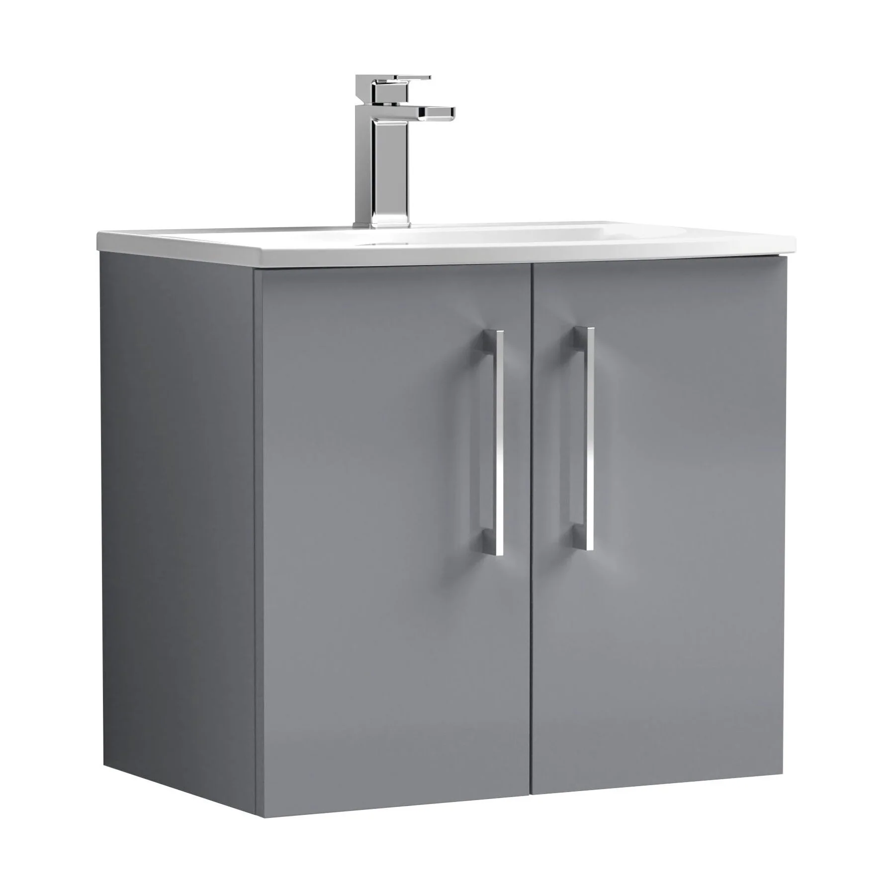 Balterley  Modern Bathroom Wall Hung 2 Soft Close Door Vanity Unit & Curved Basin, Satin Grey, 600mm