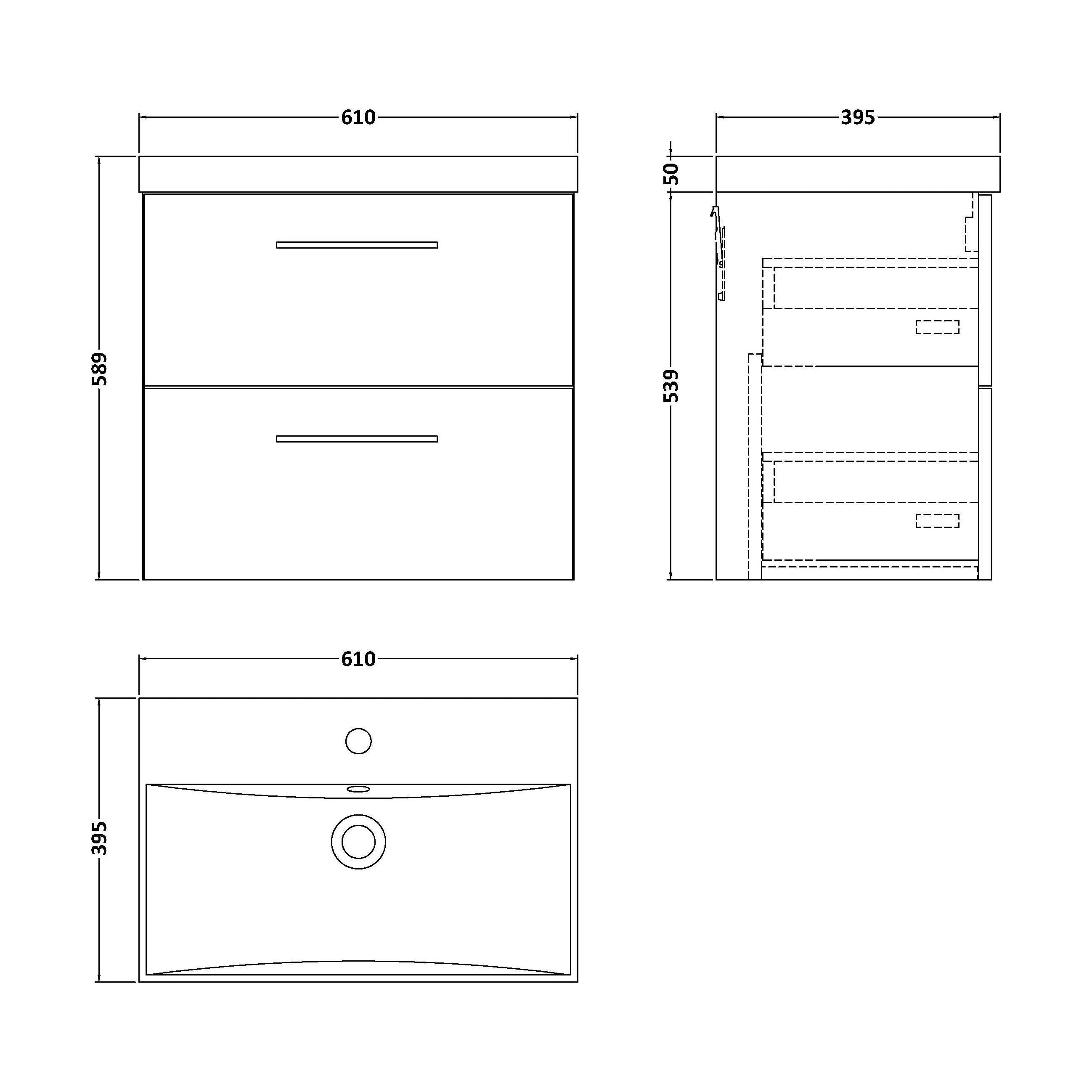 Balterley  Contemporary Bathroom 2 Soft Close Drawer & Thin-Edge Wall Hung Vanity Unit Basin, Satin Grey, 600mm - Image 2
