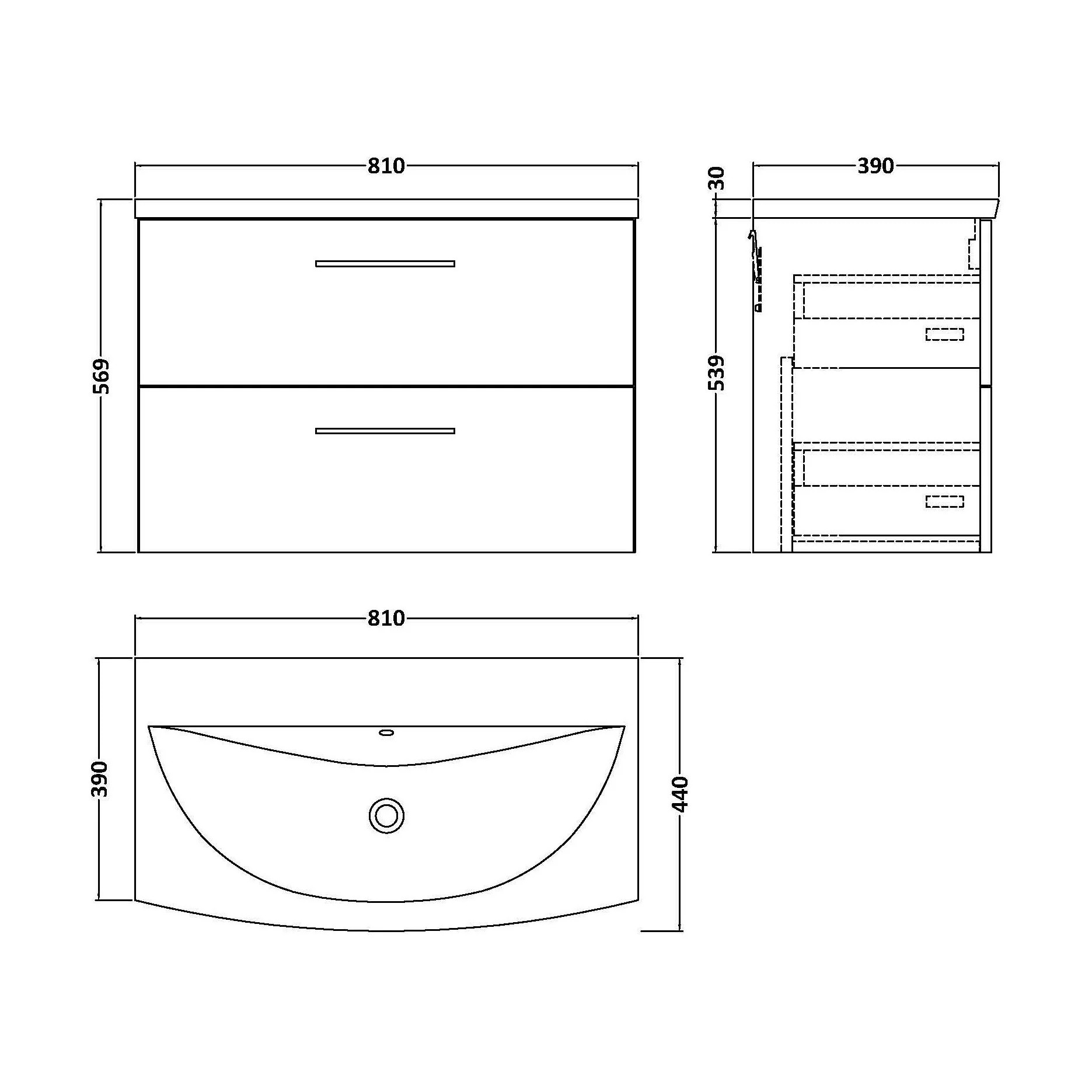Balterley  Modern Bathroom Wall Hung 2 Soft Close Drawer Vanity Unit & Curved Basin, Satin Grey, 800mm - Image 2