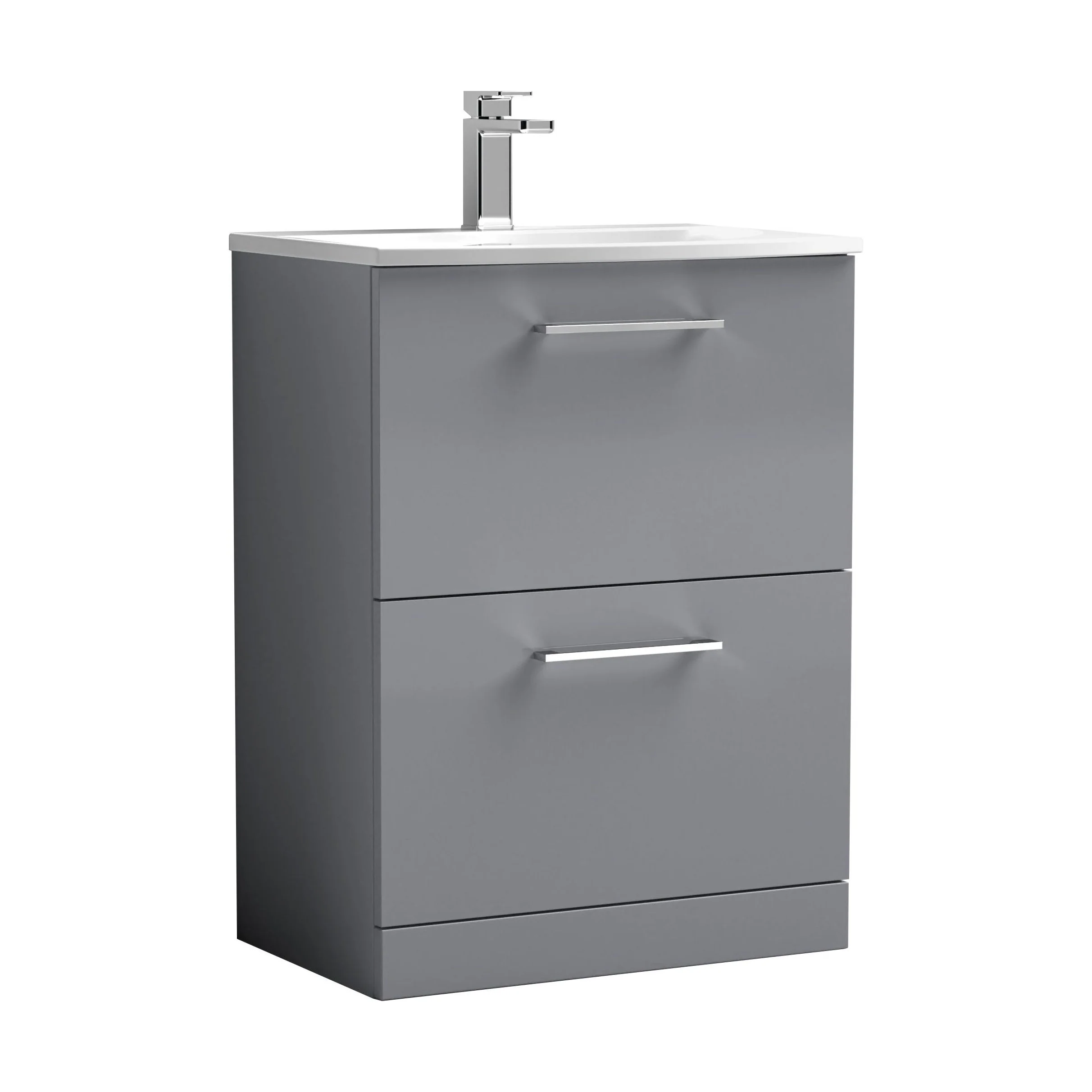 Balterley  Modern Bathroom Floor Standing 2 Soft Close Drawer Vanity Unit & Curved Basin, Satin Grey, 600mm