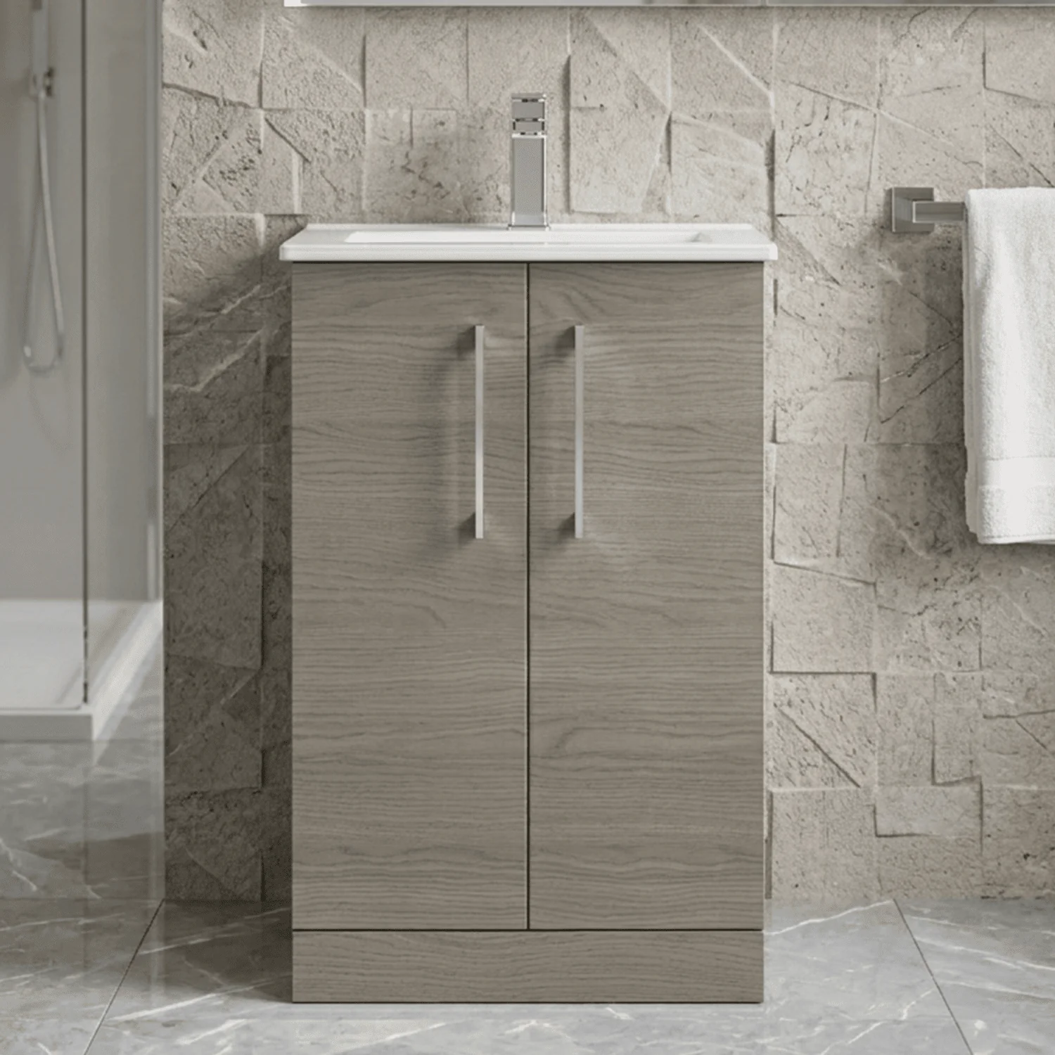 Balterley  Modern Bathroom 2 Soft Close Door & Minimalist Floor Standing Vanity Unit Basin, Solace Oak, 345mm