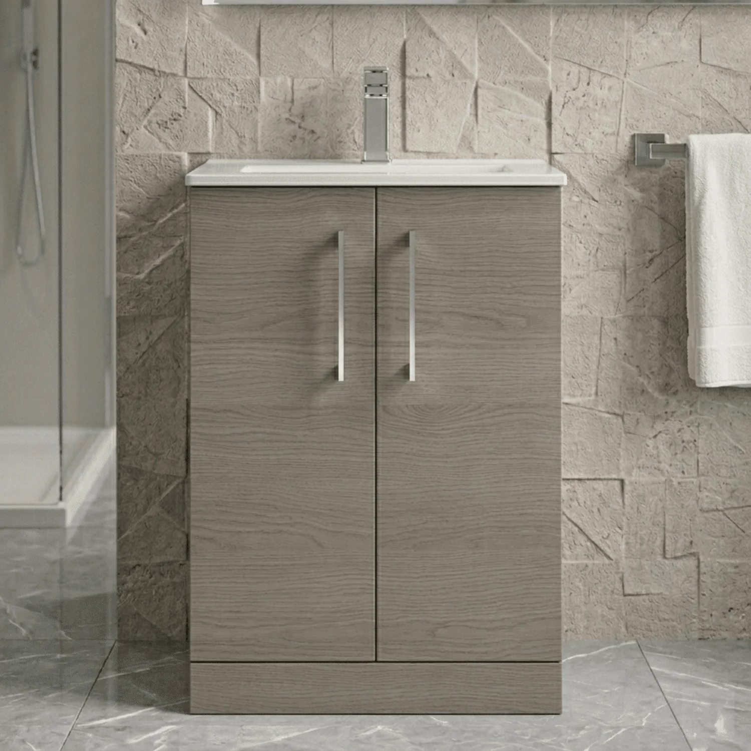 Balterley Level Contemporary Bathroom Floor-Standing 2-Door Vanity Unit & Minimalist Basin, Solace Oak, 600 mm