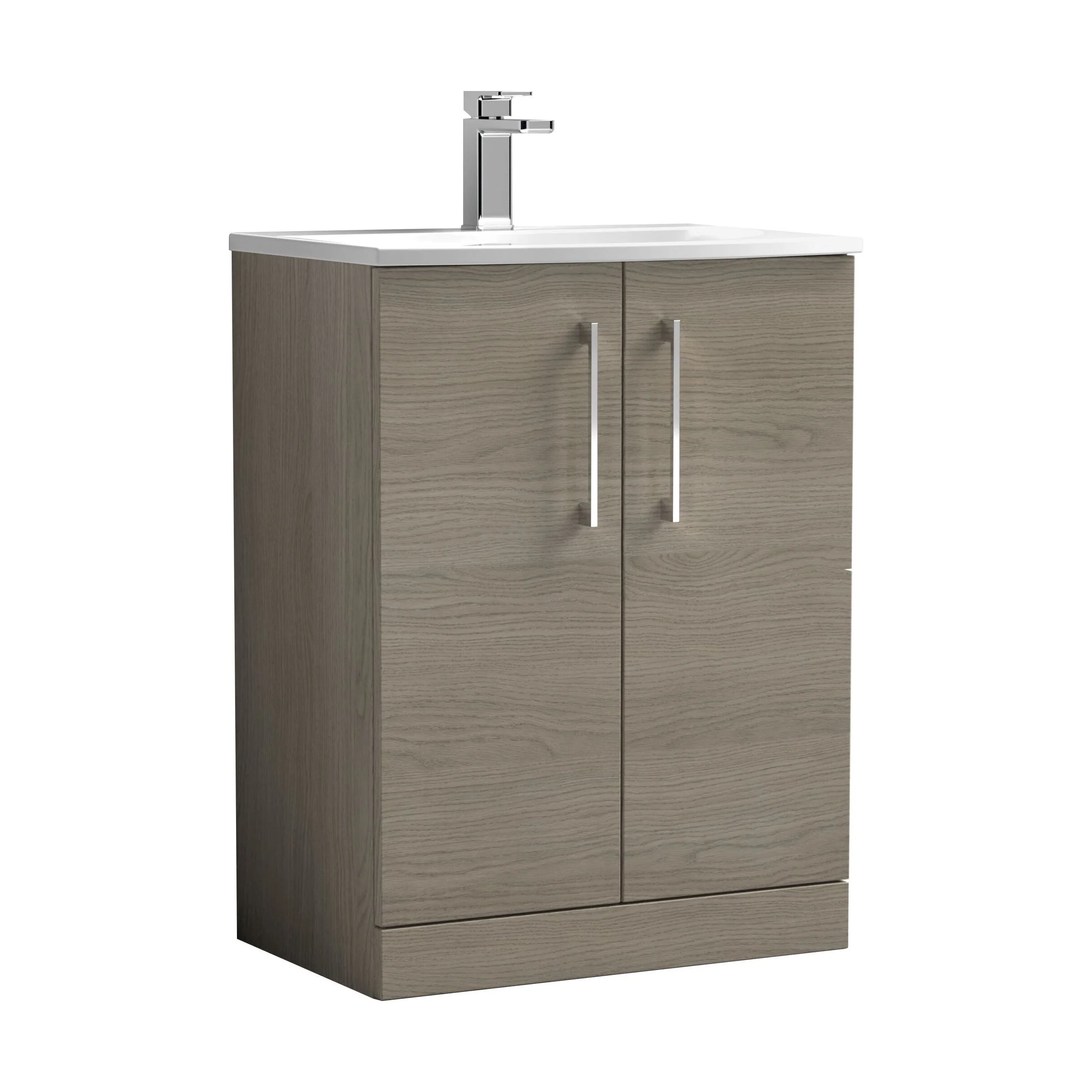 Balterley  Modern Bathroom Floor Standing 2 Soft Close Door Vanity Unit & Curved Basin, Solace Oak, 600mm
