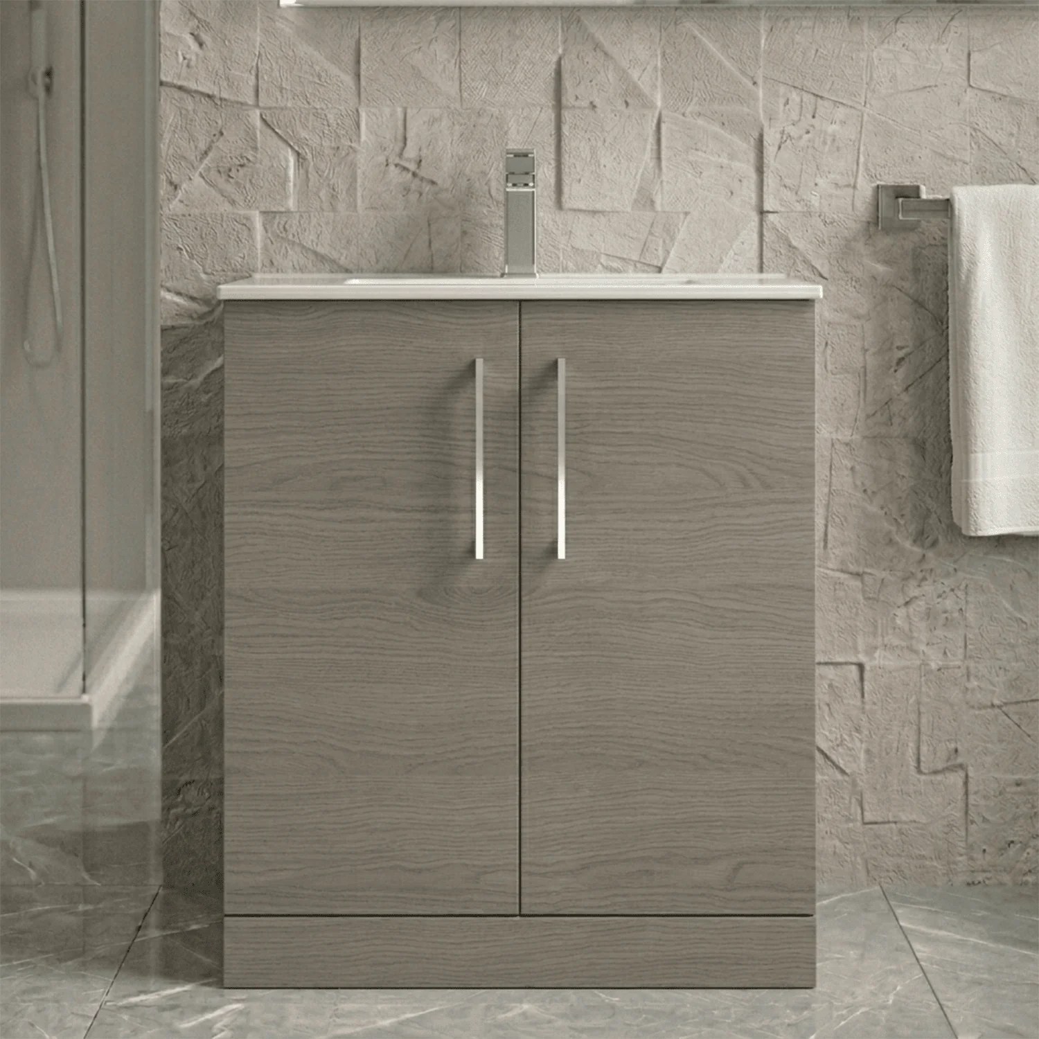 Balterley  Contemporary Bathroom Floor Standing 2-Door Vanity Unit & Minimalist Basin, Solace Oak, 800mm