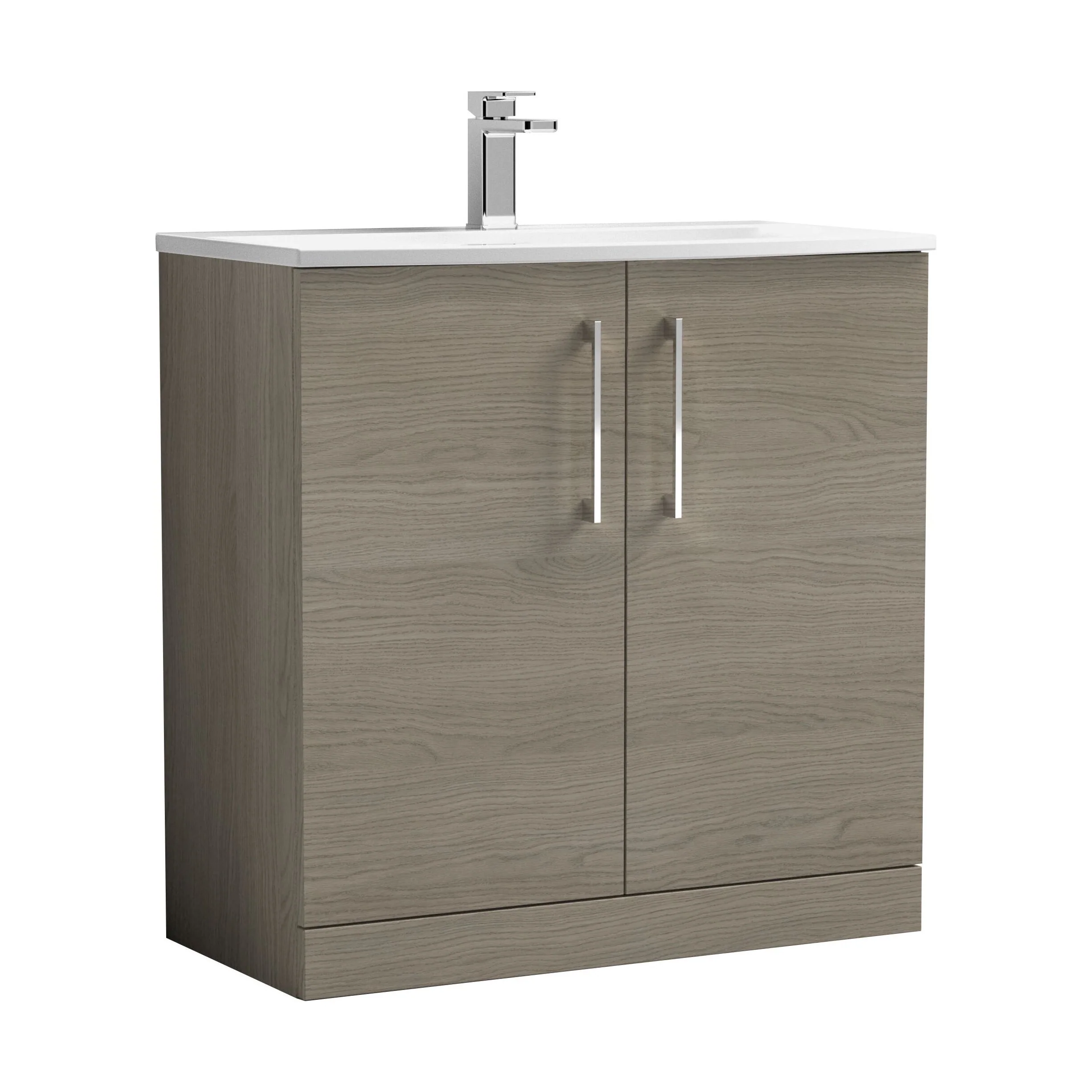 Balterley  Modern Bathroom Floor Standing 2-Door Vanity & Curved Basin, Solace Oak, 800mm