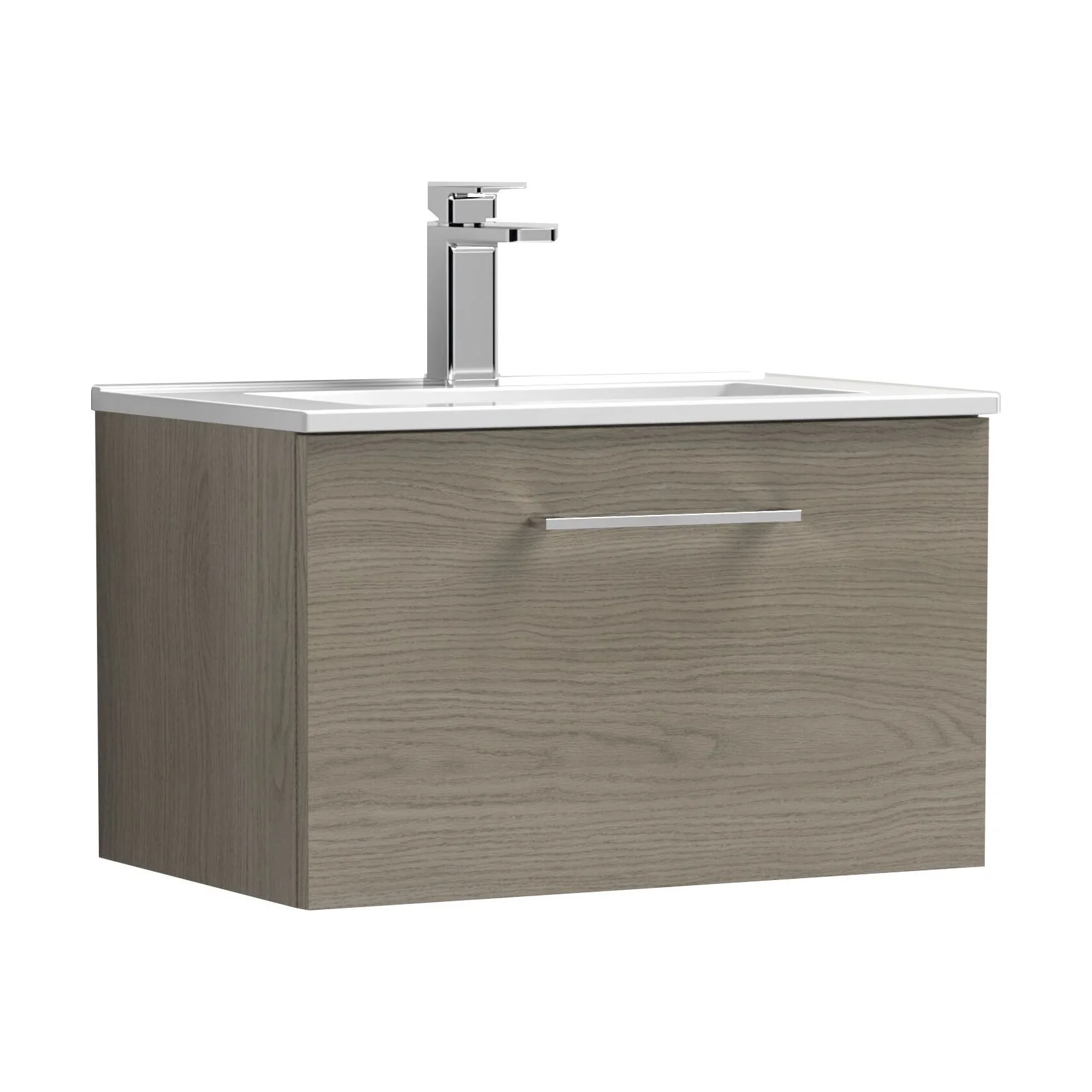 Balterley Level Contemporary Bathroom 1 Soft Close Drawer & Minimalist Wall Hung Vanity Unit Basin, Solace Oak, 600mm