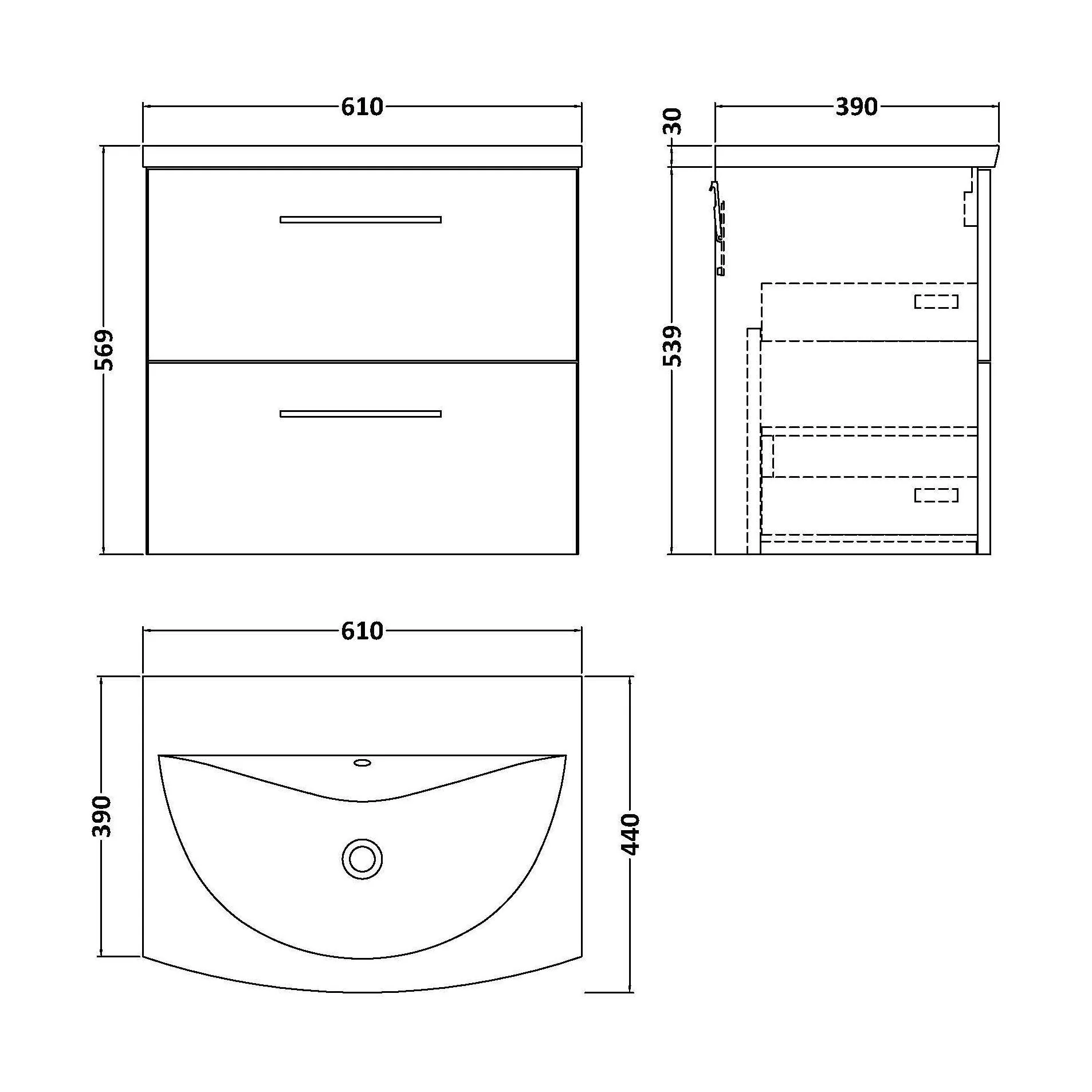 Balterley  Modern Bathroom Wall Hung 2-Drawer Vanity & Curved Basin, Solace Oak, 600 mm - Image 2