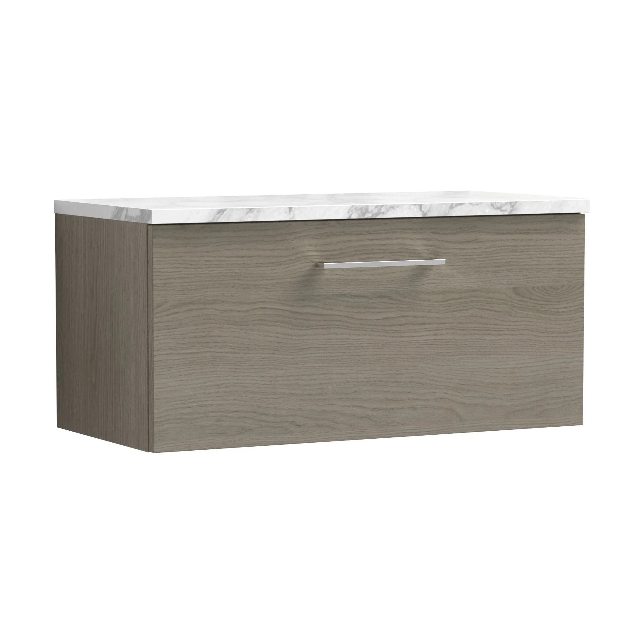 Balterley Level 800mm Wall Hung Single Drawer Vanity Unit with Laminate Worktop for Stylish Compact Bathroom Storage Solace Oak