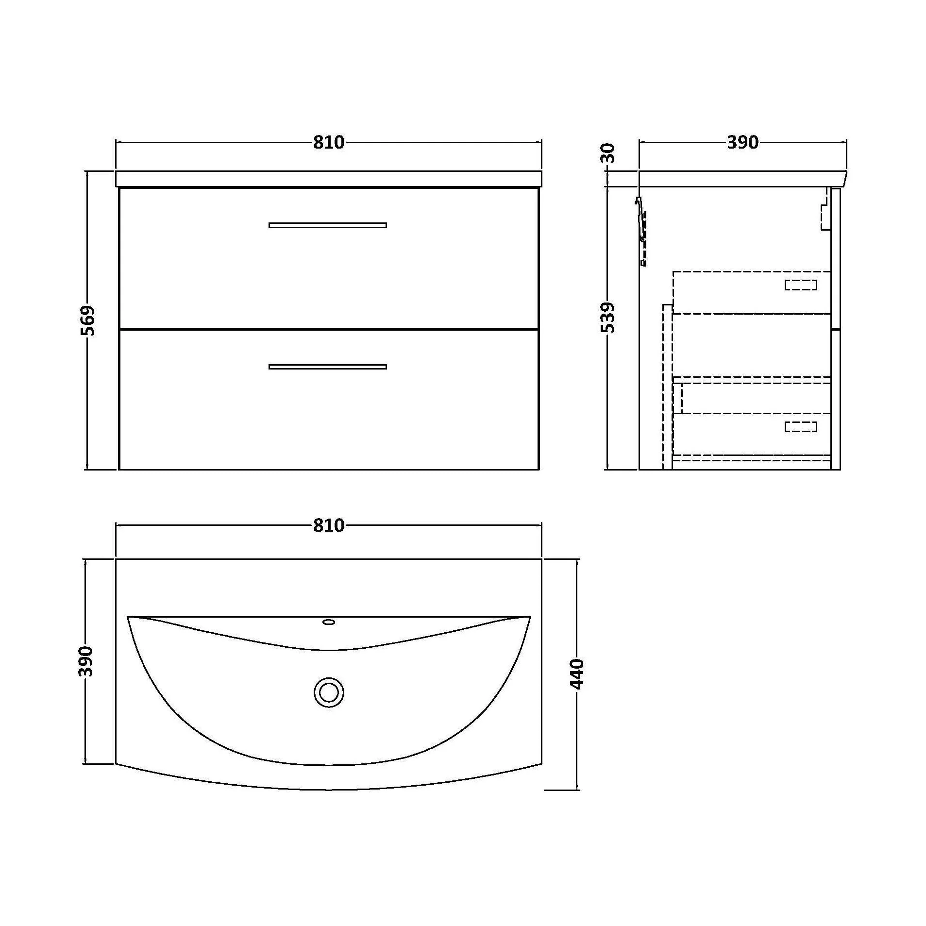 Balterley  Modern Bathroom Wall Hung 2-Drawer Vanity & Curved Basin, Solace Oak, 800mm - Image 2