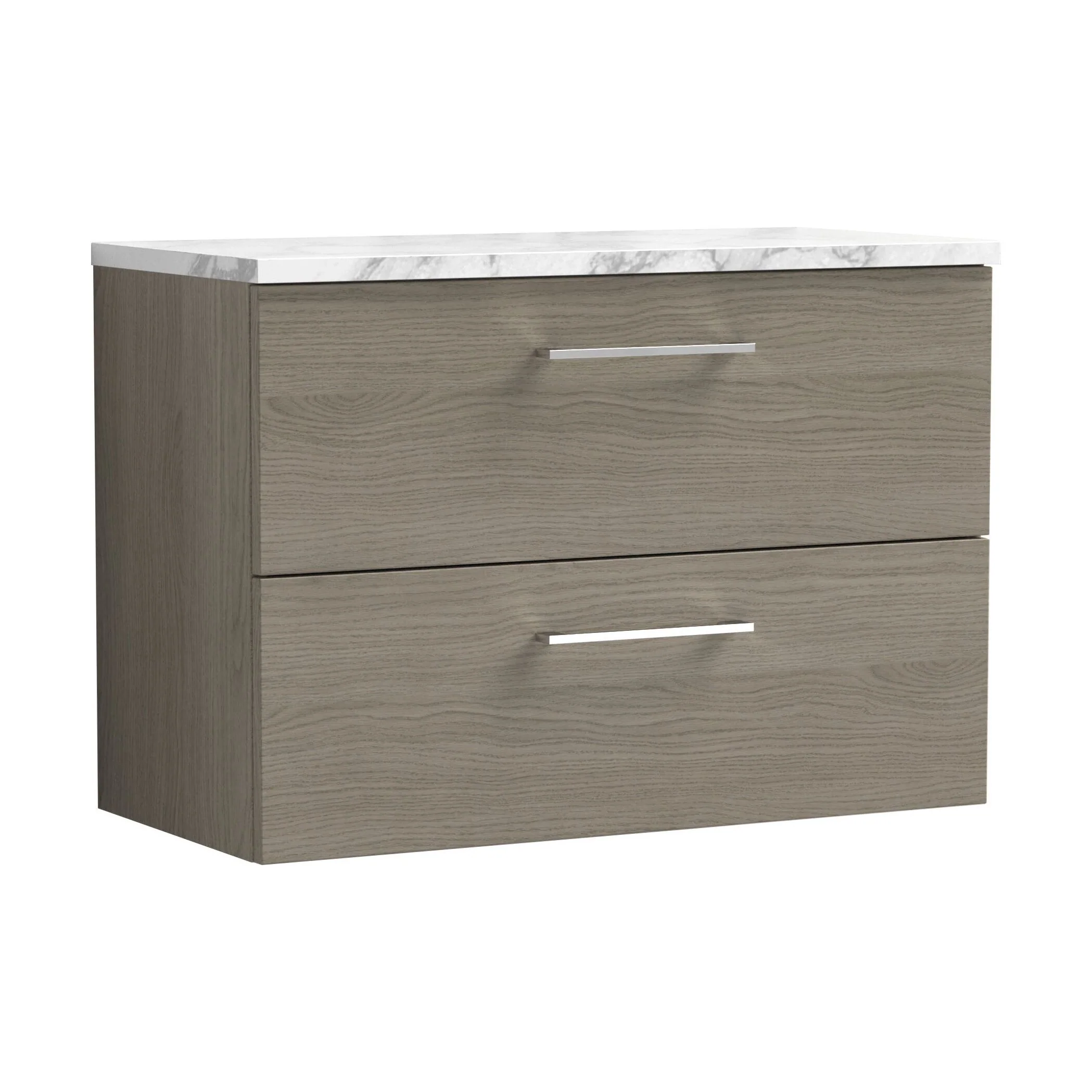 Balterley Level 800mm Wall Hung 2 Drawer Vanity Unit with Laminate Worktop for Stylish Compact Bathroom Storage Solace Oak