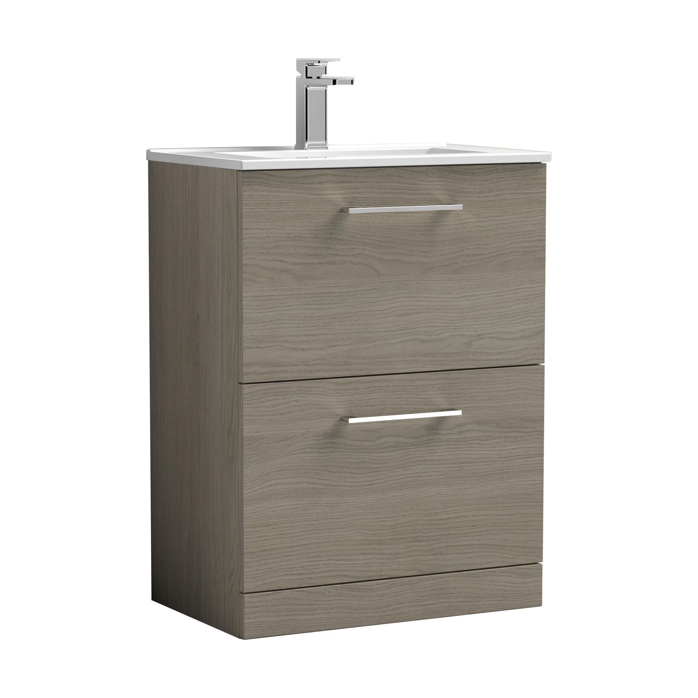 Balterley  Contemporary Bathroom 2 Soft Close Drawer & Minimalist Floor Standing Vanity Unit Basin, Solace Oak, 600mm