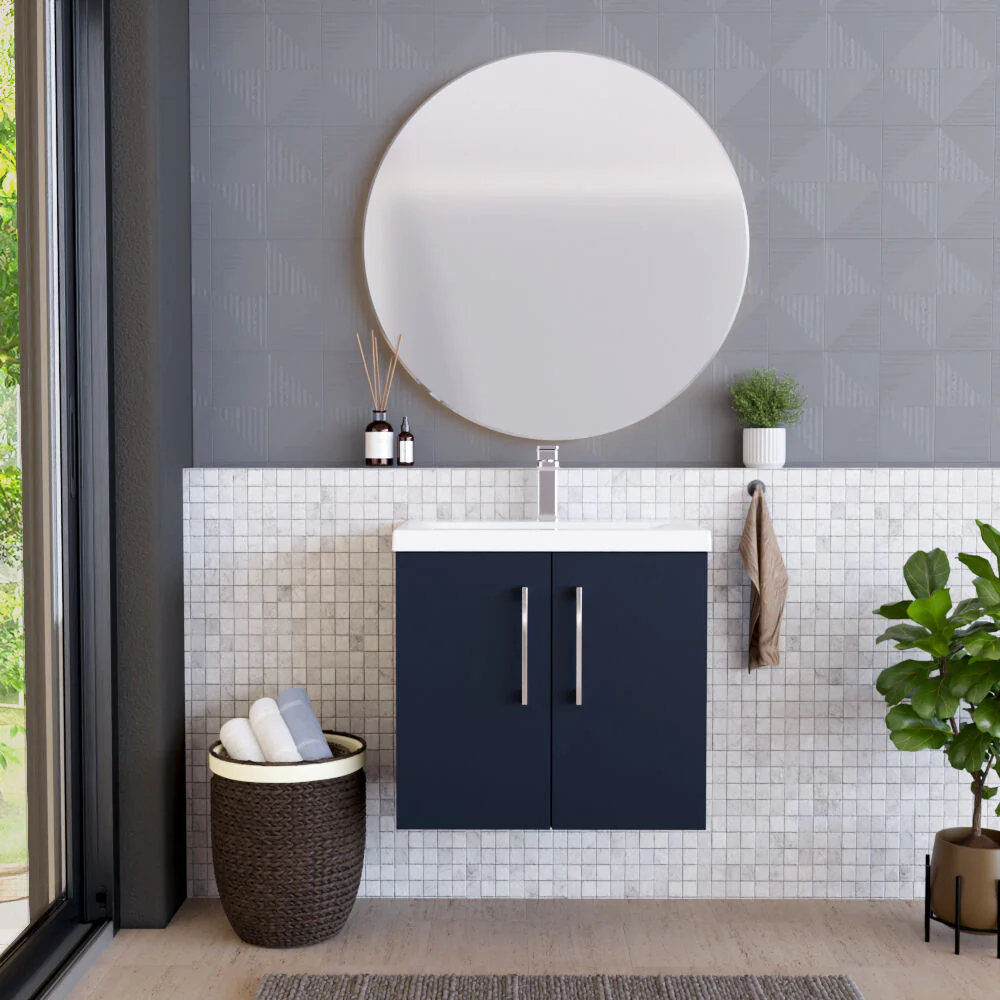 Balterley Contemporary Bathroom Wall Hung 2 Soft-Close Door Vanity Unit & Mid-Edge Ceramic Basin, Midnight Blue, 600 mm - Image 2