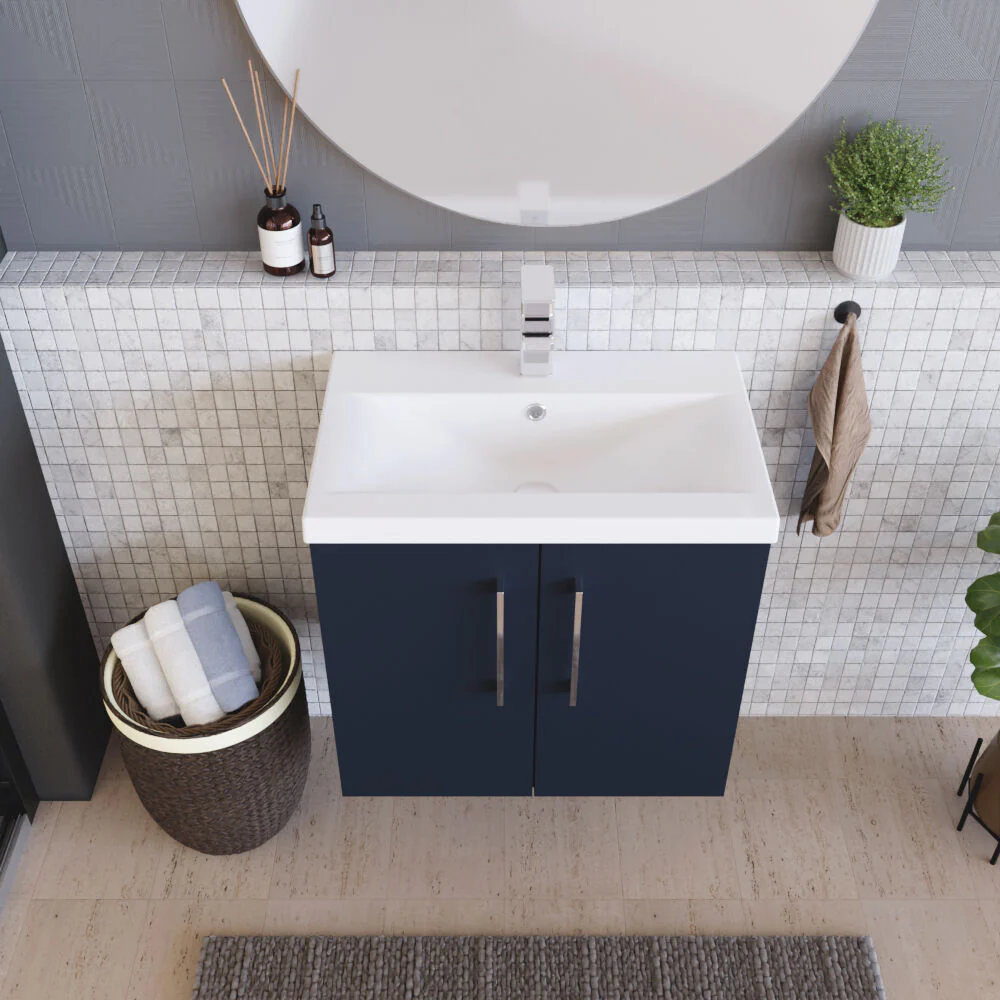 Balterley Contemporary Bathroom Wall Hung 2 Soft-Close Door Vanity Unit & Mid-Edge Ceramic Basin, Midnight Blue, 600 mm - Image 3