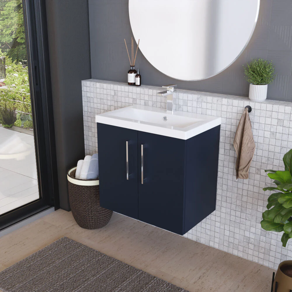 Balterley Contemporary Bathroom Wall Hung 2 Soft-Close Door Vanity Unit & Mid-Edge Ceramic Basin, Midnight Blue, 600 mm - Image 4