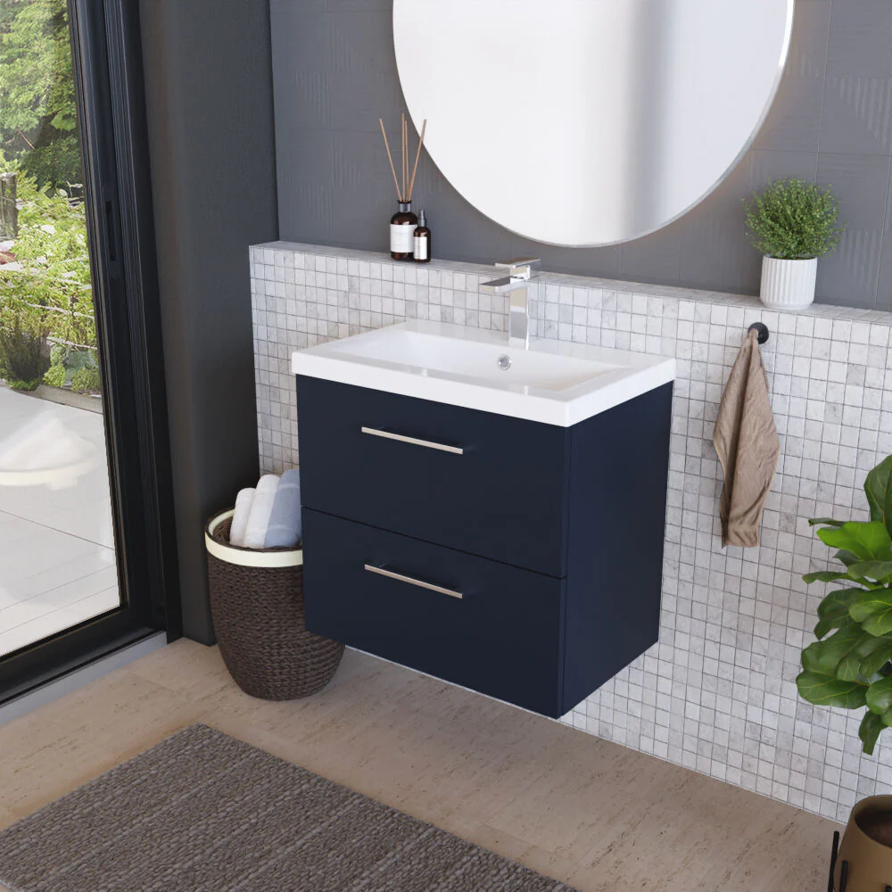 Balterley Contemporary Bathroom Wall Hung 2 Soft-Close Drawer Vanity Unit & Mid-Edge Ceramic Basin, Midnight Blue, 600 mm - Image 4
