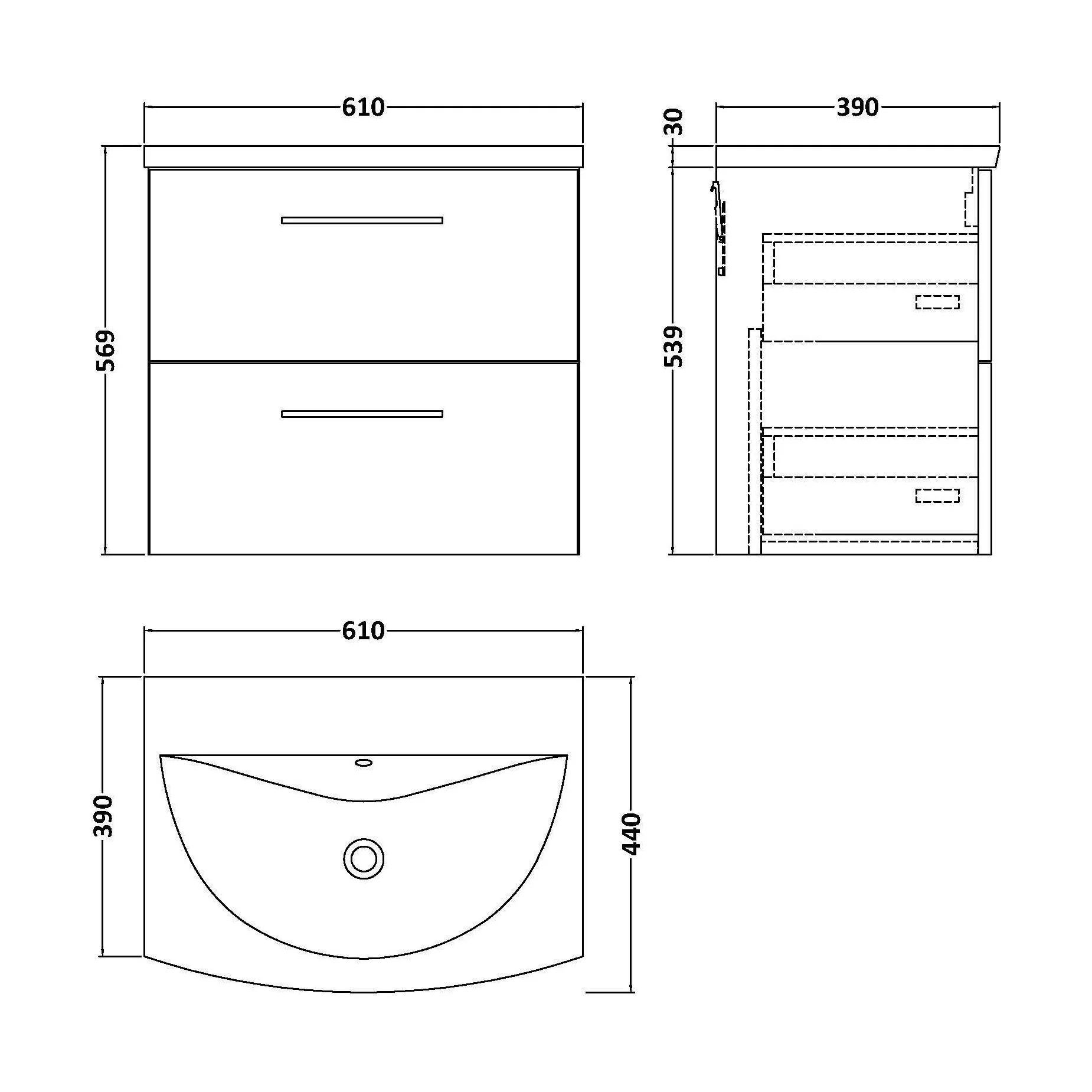 Balterley  Modern Bathroom Wall Hung 2-Drawer Vanity & Basin, Midnight Blue, 600mm - Image 2