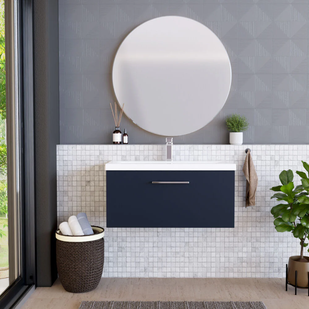 Balterley Contemporary Bathroom Wall Hung 1 Soft-Close Drawer Vanity Unit & Mid-Edge Ceramic Basin, Midnight Blue, 800 mm - Image 2