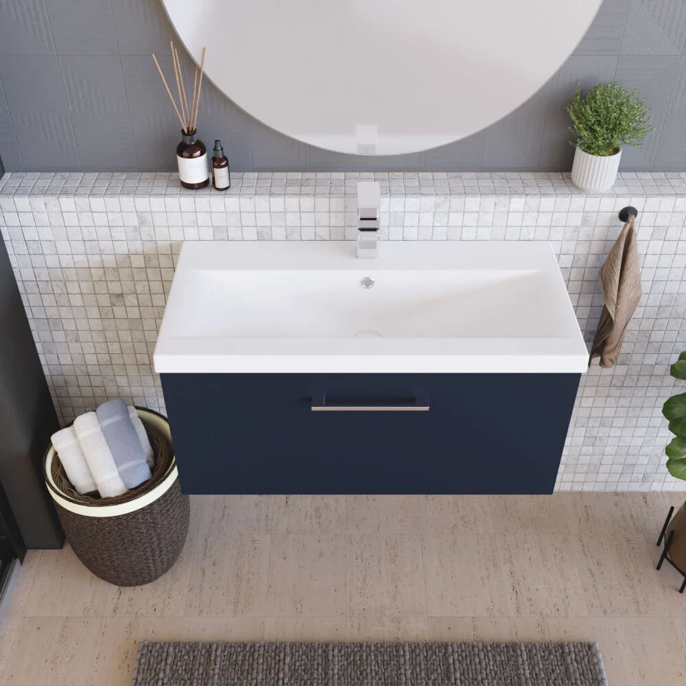 Balterley Contemporary Bathroom Wall Hung 1 Soft-Close Drawer Vanity Unit & Mid-Edge Ceramic Basin, Midnight Blue, 800 mm - Image 3
