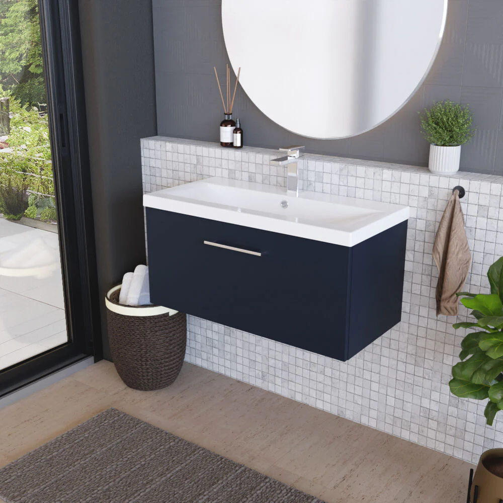 Balterley Contemporary Bathroom Wall Hung 1 Soft-Close Drawer Vanity Unit & Mid-Edge Ceramic Basin, Midnight Blue, 800 mm - Image 4