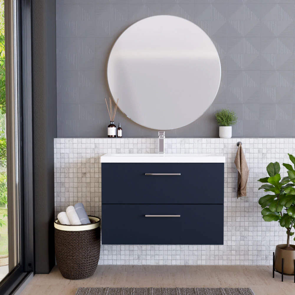 Balterley Contemporary Bathroom Wall Hung 2 Soft-Close Drawer Vanity Unit & Mid-Edge Ceramic Basin, Midnight Blue, 800 mm - Image 2