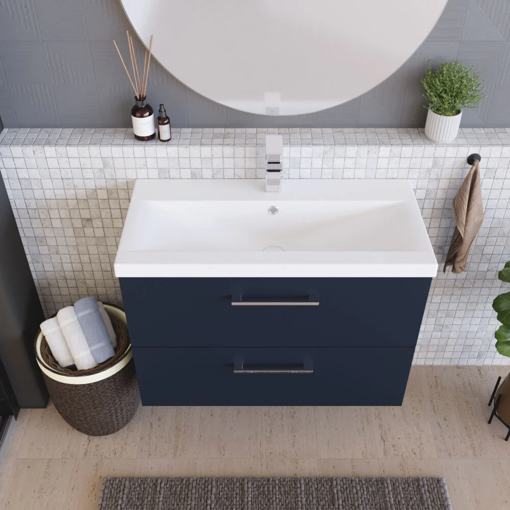 Balterley Contemporary Bathroom Wall Hung 2 Soft-Close Drawer Vanity Unit & Mid-Edge Ceramic Basin, Midnight Blue, 800 mm - Image 3