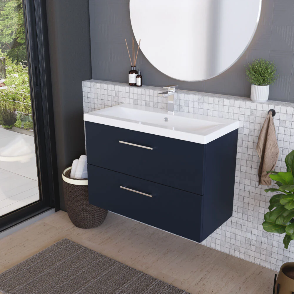 Balterley Contemporary Bathroom Wall Hung 2 Soft-Close Drawer Vanity Unit & Mid-Edge Ceramic Basin, Midnight Blue, 800 mm - Image 4
