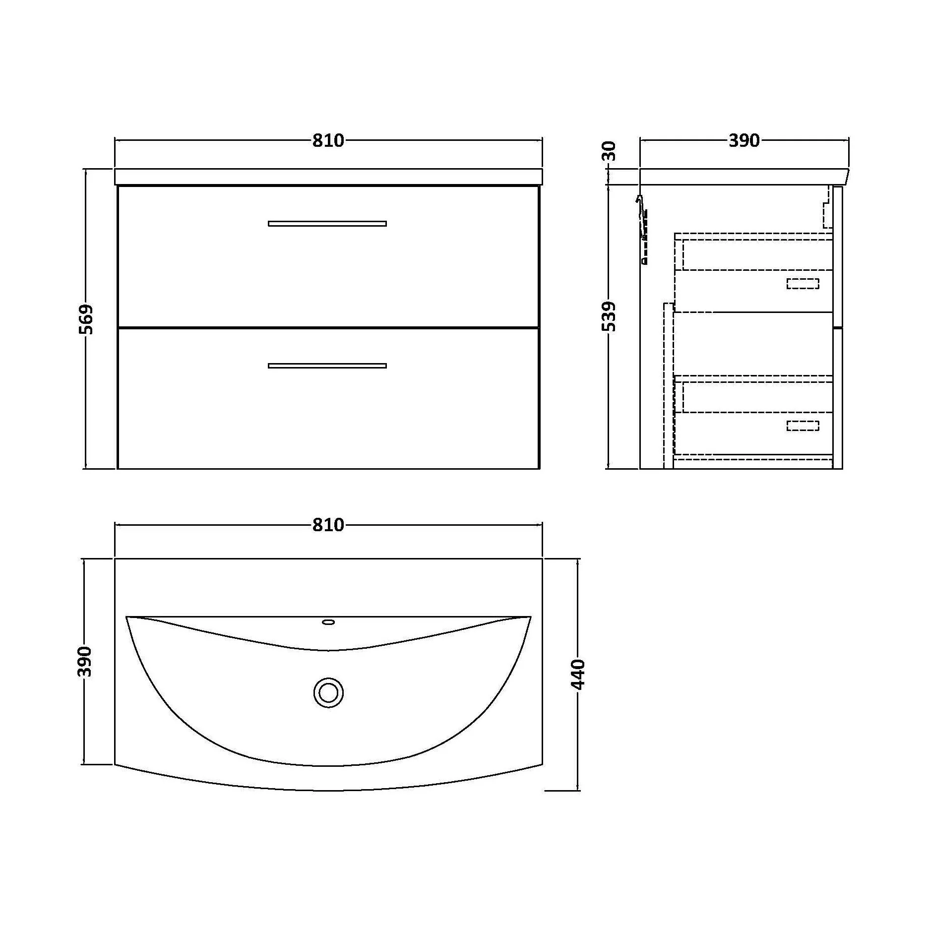 Balterley  Modern Bathroom Wall Hung 2-Drawer Vanity & Basin, Midnight Blue, 800 mm - Image 2