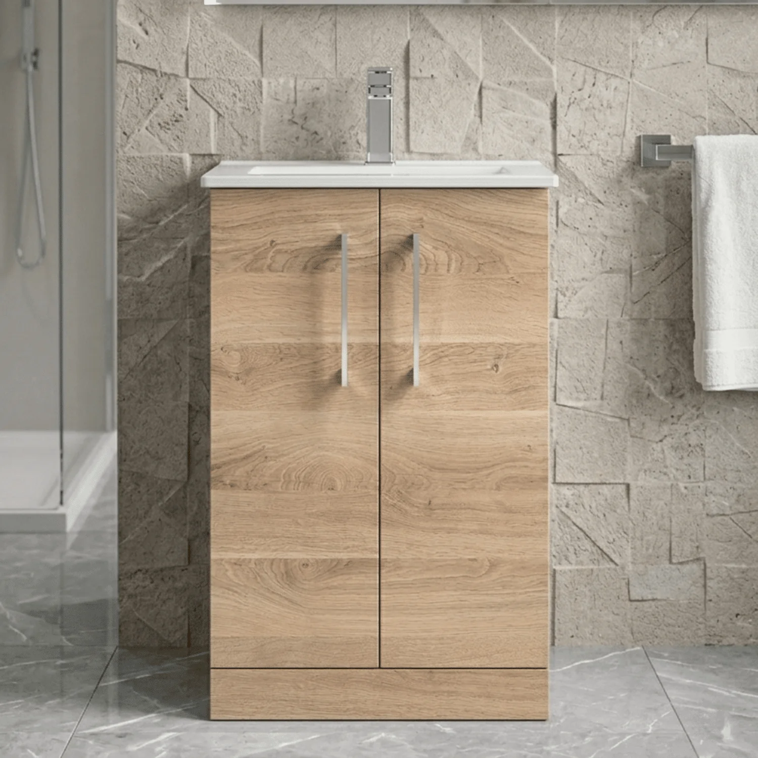 Balterley Contemporary Bathroom 2 Soft Close Door & Minimalist Floor Standing Vanity Unit Basin, Bleached Oak, 500mm