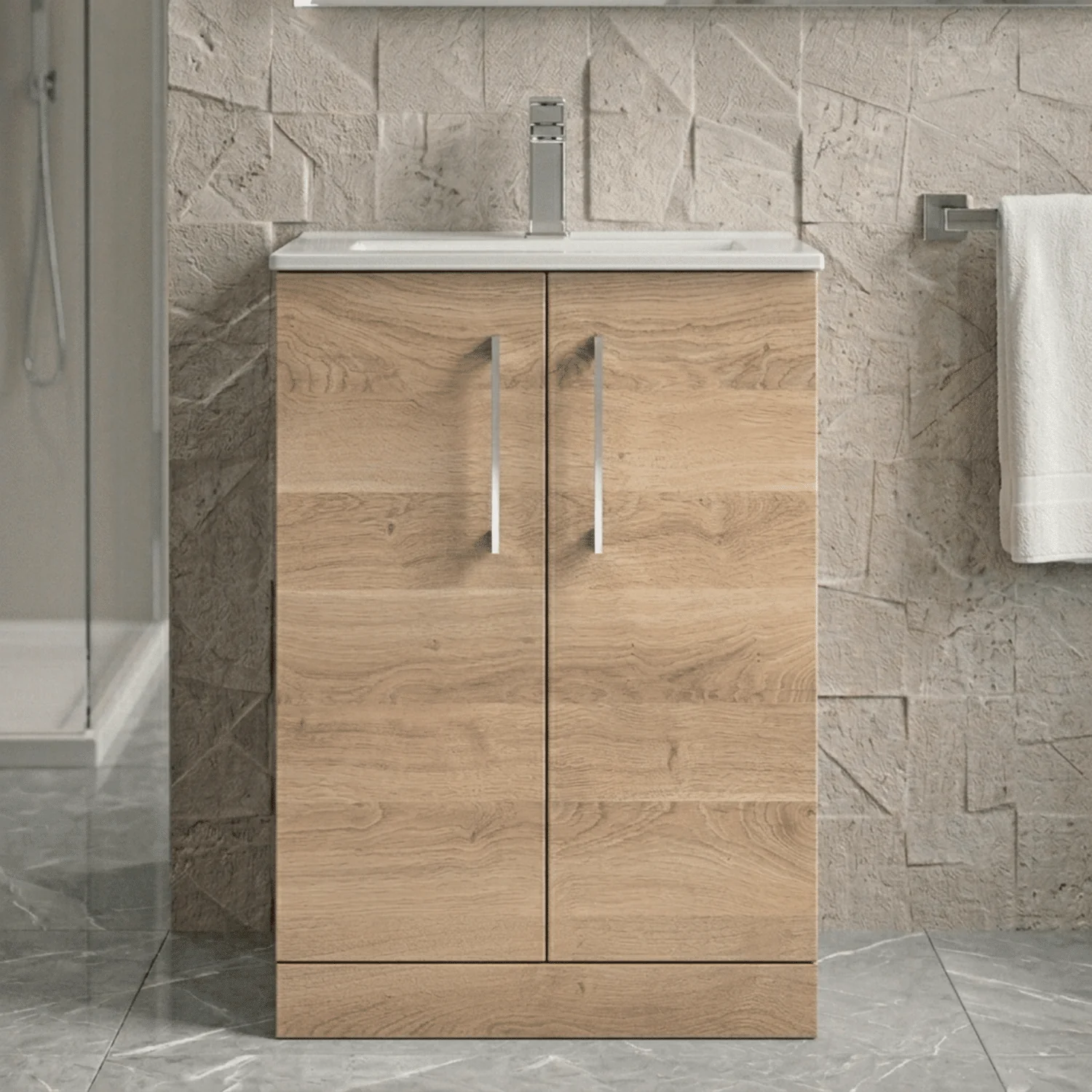 Balterley Level Contemporary Bathroom 2 Soft Close Door & Minimalist Floor Standing Vanity Unit Basin, Bleached Oak, 600mm