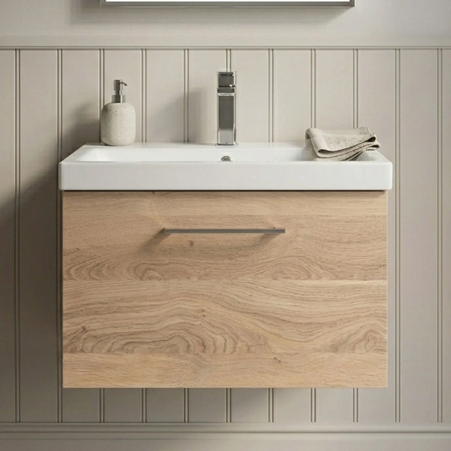 Balterley Contemporary Bathroom Wall Hung 1 Soft-Close Drawer Vanity Unit with Mid-Edge Ceramic Basin, Bleached Oak, 600 mm