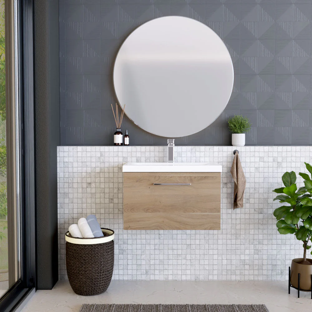 Balterley Contemporary Bathroom Wall Hung 1 Soft-Close Drawer Vanity Unit with Mid-Edge Ceramic Basin, Bleached Oak, 600 mm - Image 2