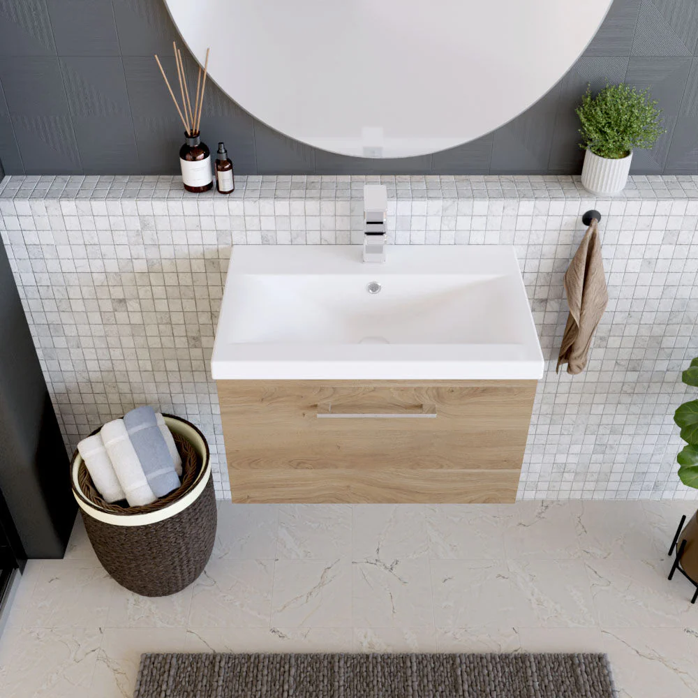 Balterley Contemporary Bathroom Wall Hung 1 Soft-Close Drawer Vanity Unit with Mid-Edge Ceramic Basin, Bleached Oak, 600 mm - Image 3