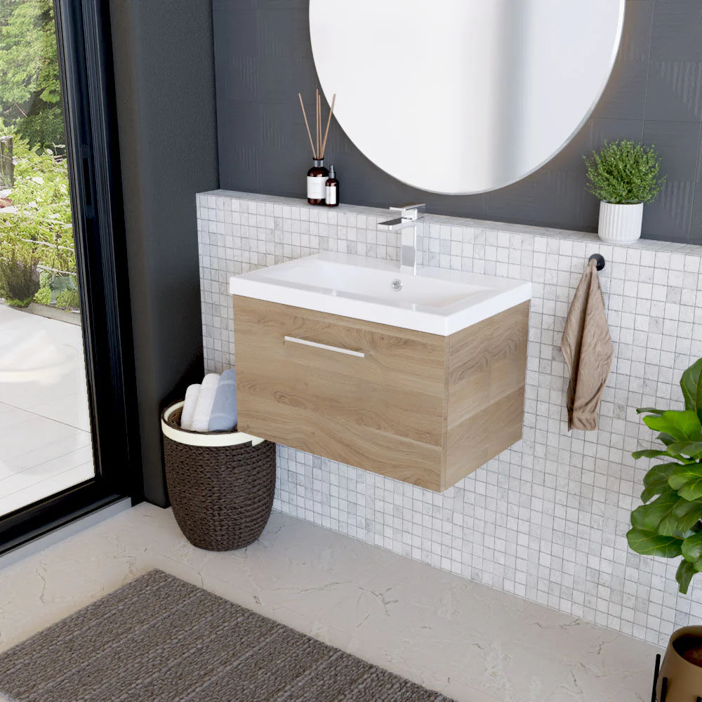 Balterley Contemporary Bathroom Wall Hung 1 Soft-Close Drawer Vanity Unit with Mid-Edge Ceramic Basin, Bleached Oak, 600 mm - Image 4
