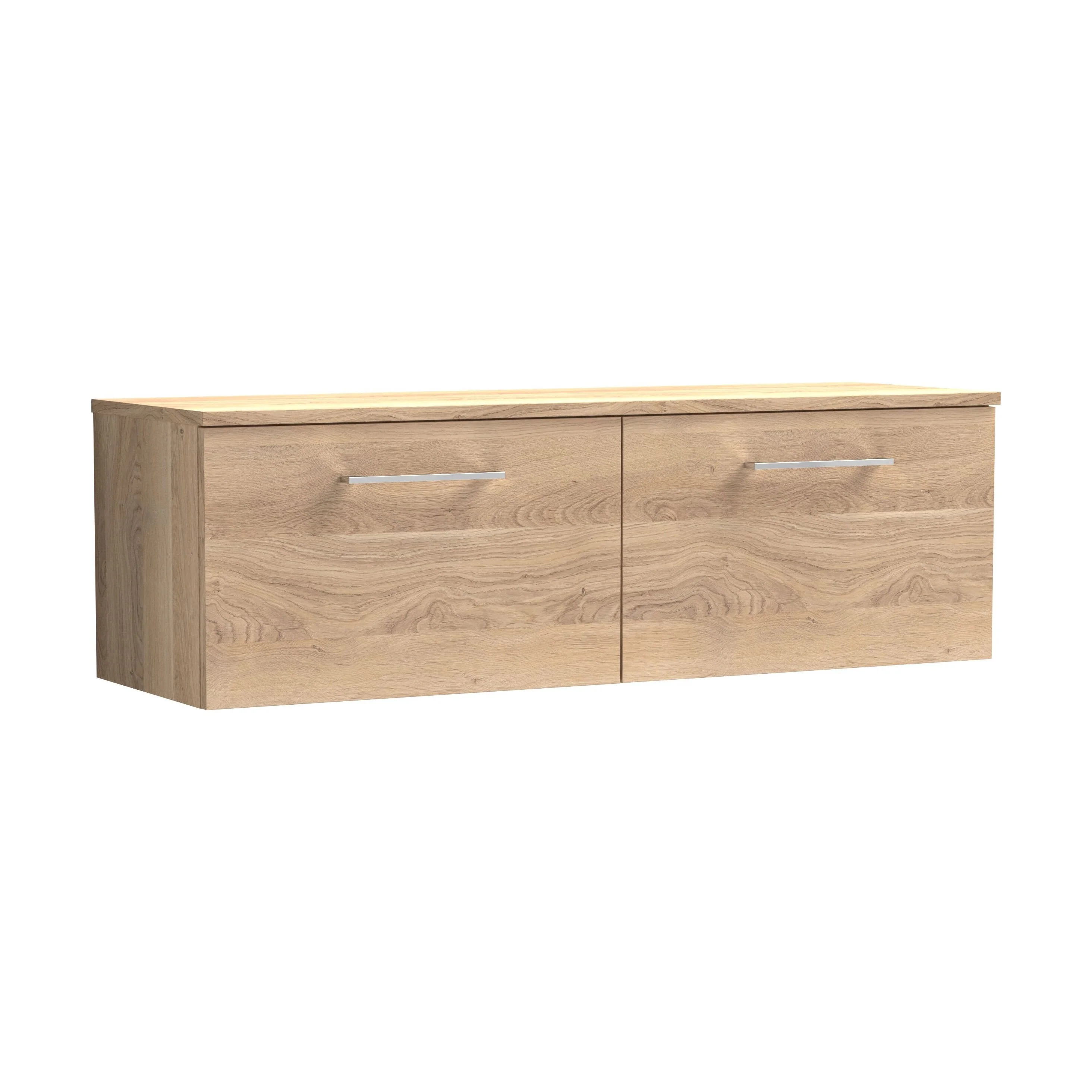 Balterley Level Modern Bathroom 1200mm Wall Hung 2-Drawer Vanity Unit with Worktop, Soft Close Drawers, Bleached Oak