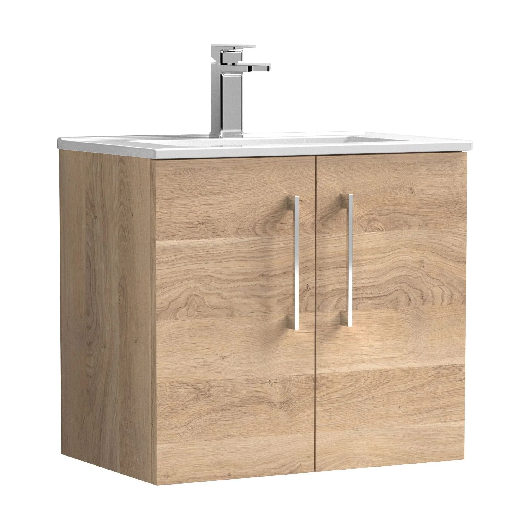 Balterley  Contemporary Bathroom 2 Soft Close Door & Minimalist Wall Hung Vanity Unit Basin, Bleached Oak, 600mm