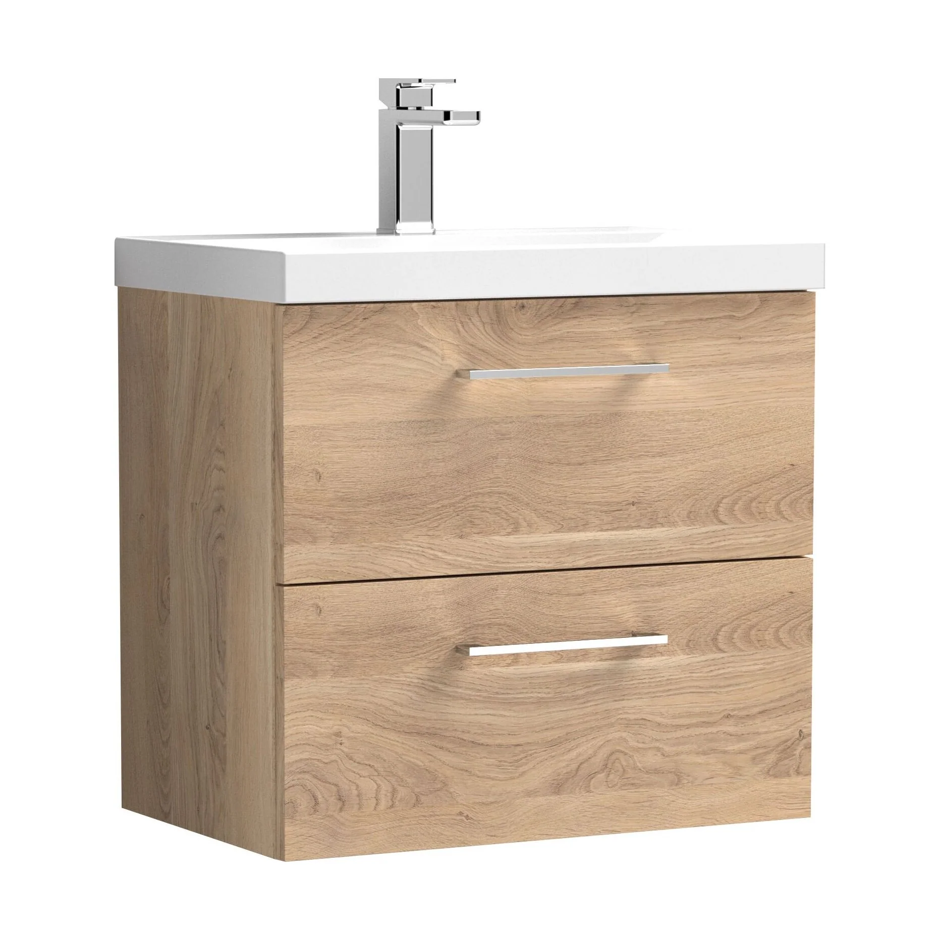 Balterley Contemporary Bathroom Wall Hung 2 Soft-Close Drawer Vanity Unit with Mid-Edge Ceramic Basin, Bleached Oak, 600 mm