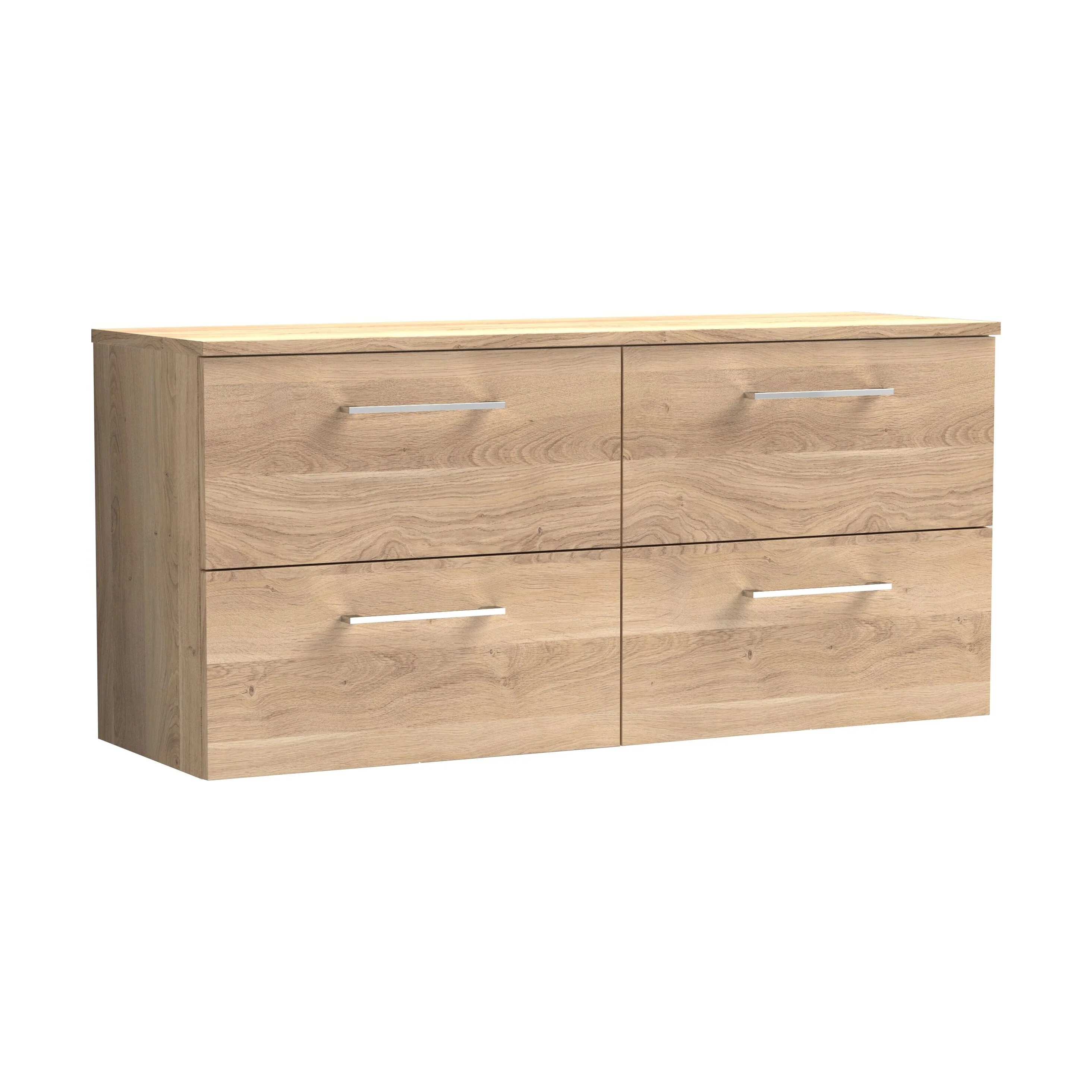 Balterley Level Modern Bathroom 1200mm Wall Hung 4 Soft Close Drawer Vanity Unit with Worktop, 558 x 1205 x 390mm, Bleached Oak
