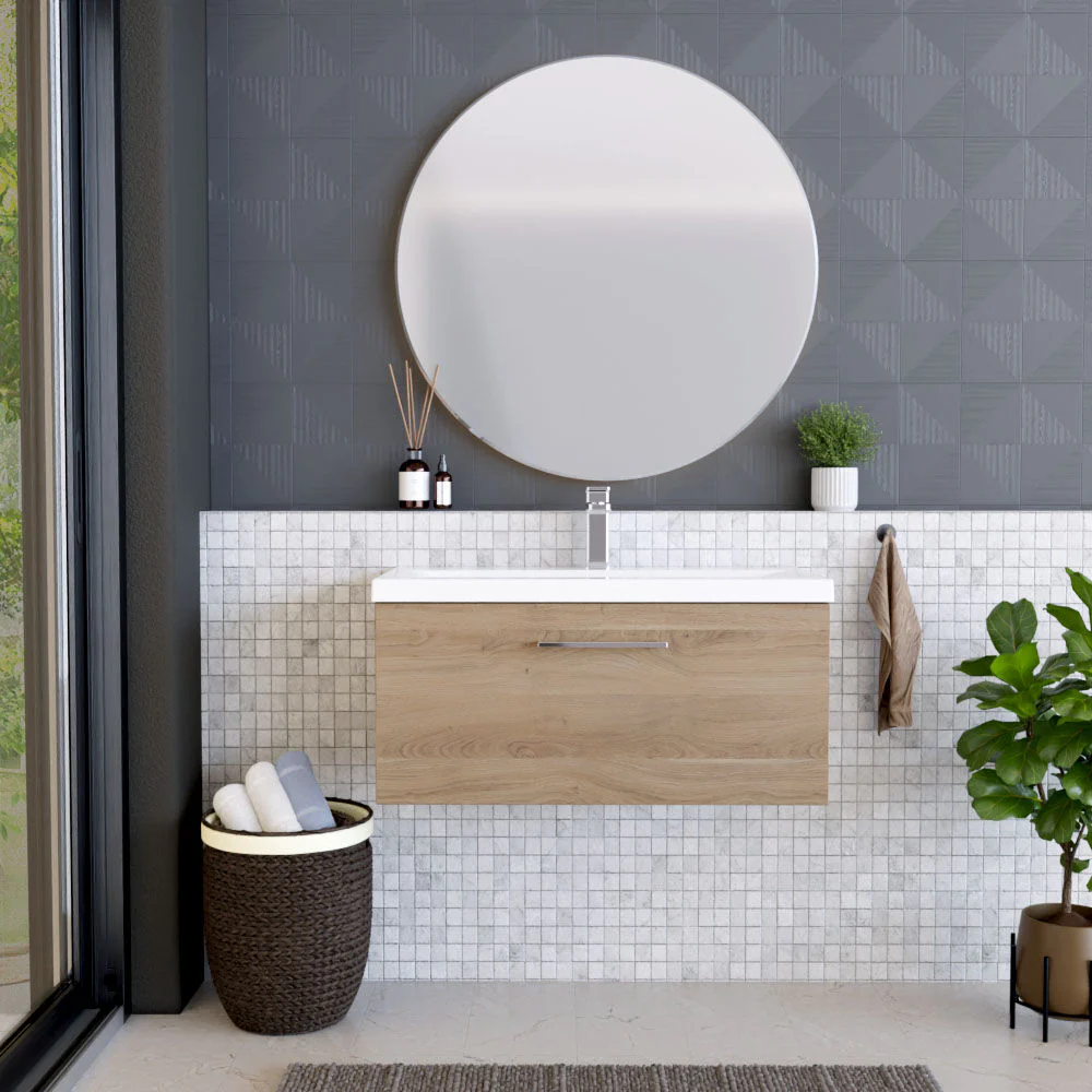Balterley Contemporary Bathroom Wall Hung 1 Soft-Close Drawer Vanity Unit & Mid-Edge Ceramic Basin, Bleached Oak, 800 mm - Image 2