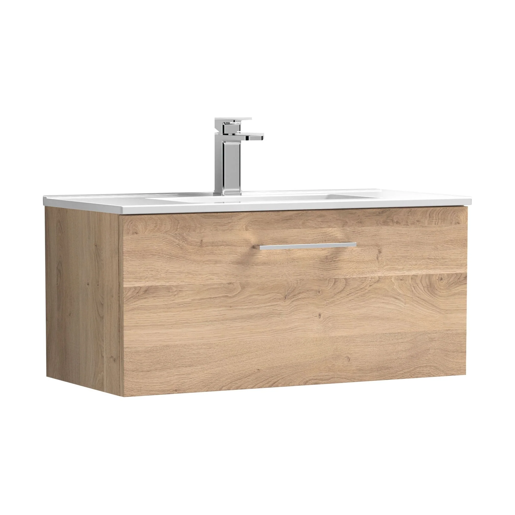 Balterley Level Contemporary Bathroom 1 Soft Close Drawer & Minimalist Wall Hung Vanity Unit Basin, Light Oak, 800mm
