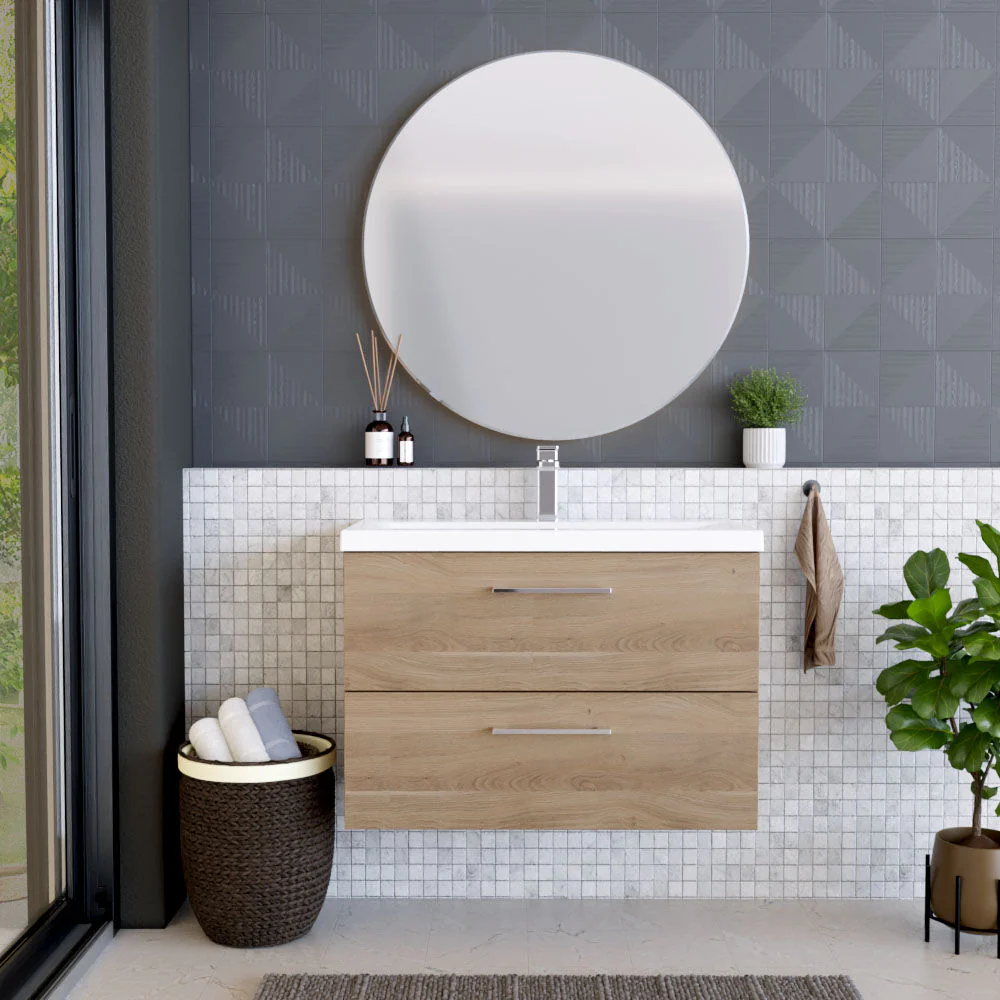 Balterley Contemporary Bathroom Wall Hung 2 Soft-Close Drawer Vanity Unit & Mid-Edge Ceramic Basin, Bleached Oak, 800 mm - Image 2