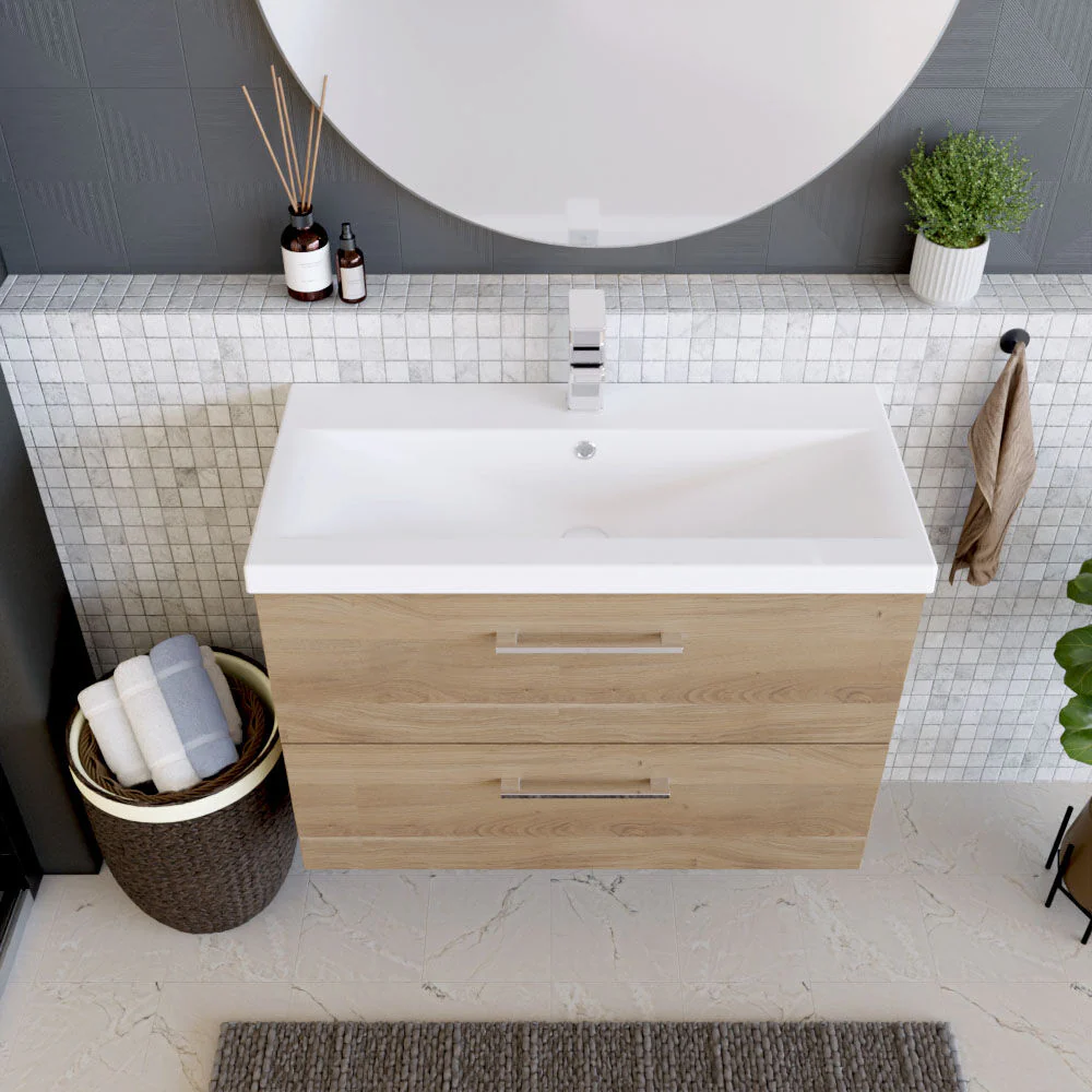 Balterley Contemporary Bathroom Wall Hung 2 Soft-Close Drawer Vanity Unit & Mid-Edge Ceramic Basin, Bleached Oak, 800 mm - Image 3