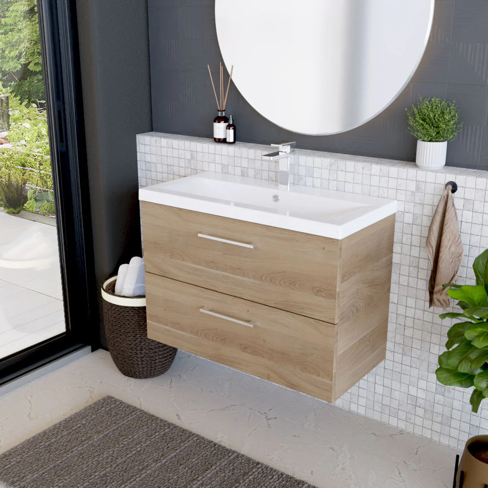 Balterley Contemporary Bathroom Wall Hung 2 Soft-Close Drawer Vanity Unit & Mid-Edge Ceramic Basin, Bleached Oak, 800 mm - Image 4