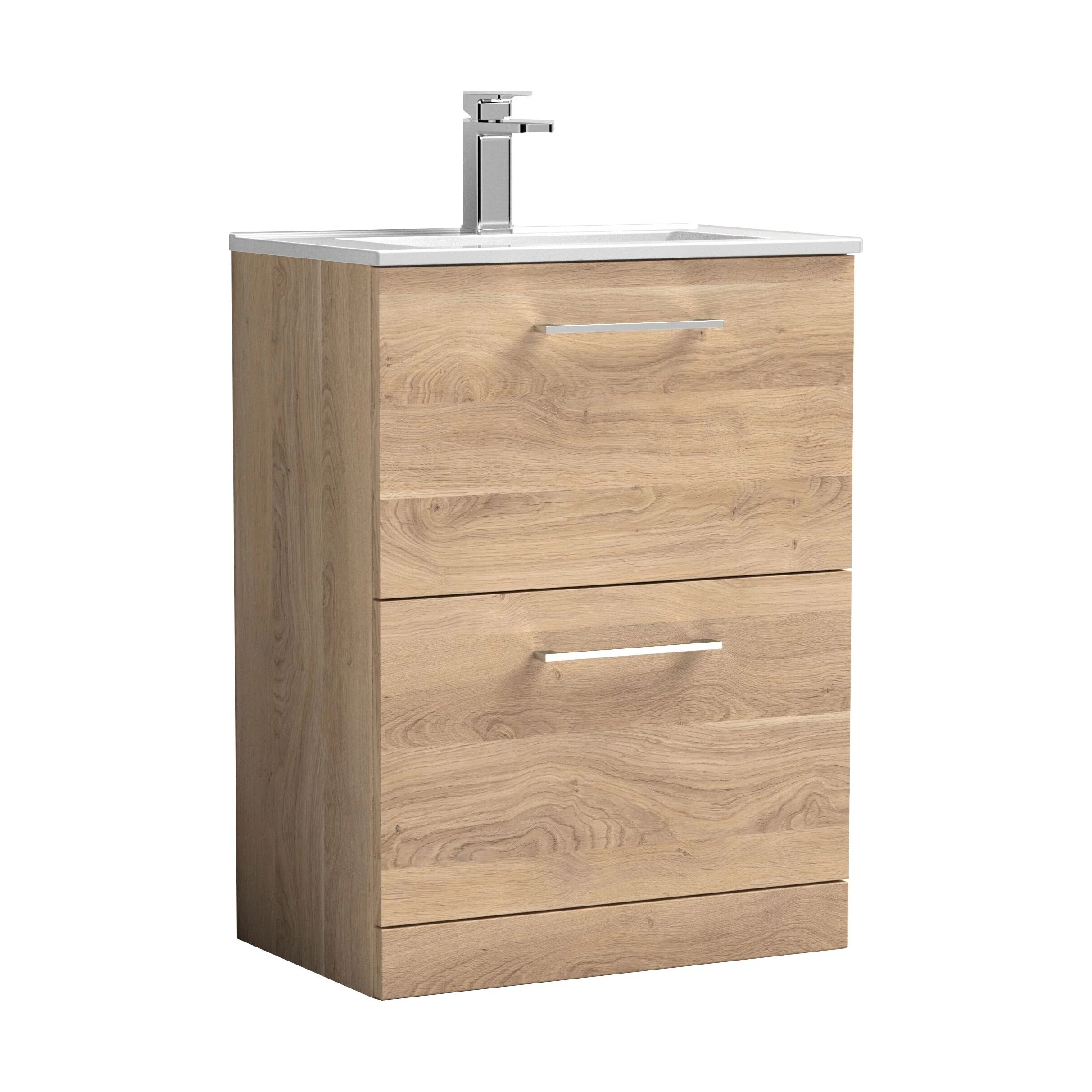 Balterley Contemporary Bathroom 2 Soft Close Drawer & Minimalist Floor Standing Vanity Unit Basin, Bleached Oak, 600mm