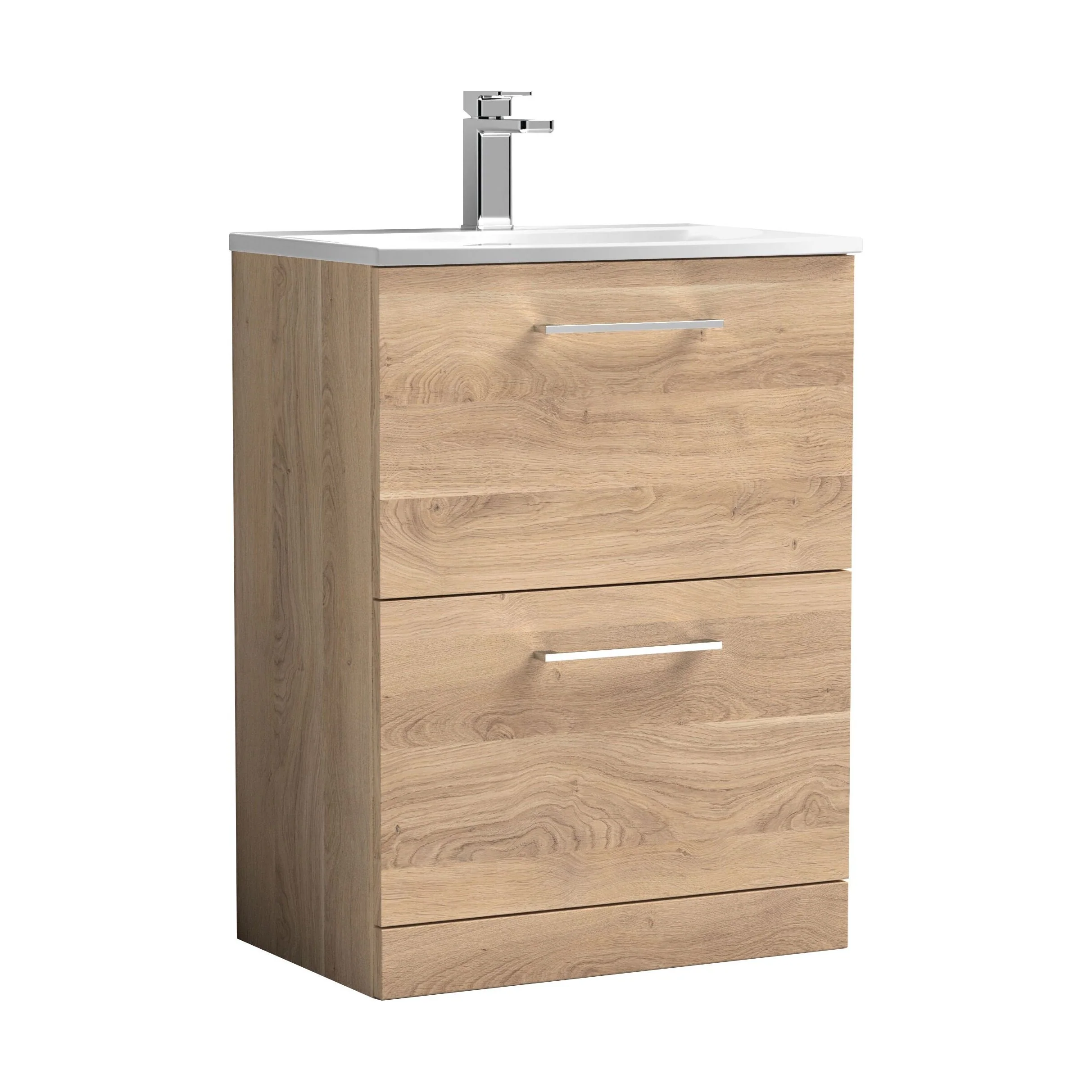 Balterley  Modern Bathroom Floor Standing 2-Drawer Vanity & Basin, Bleached Oak, 600mm