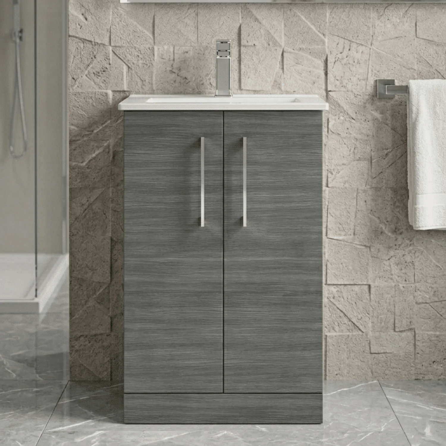 Balterley  Contemporary Bathroom 2 Soft Close Door & Minimalist Floor Standing Vanity Unit Basin, Anthracite Woodgrain, 500mm